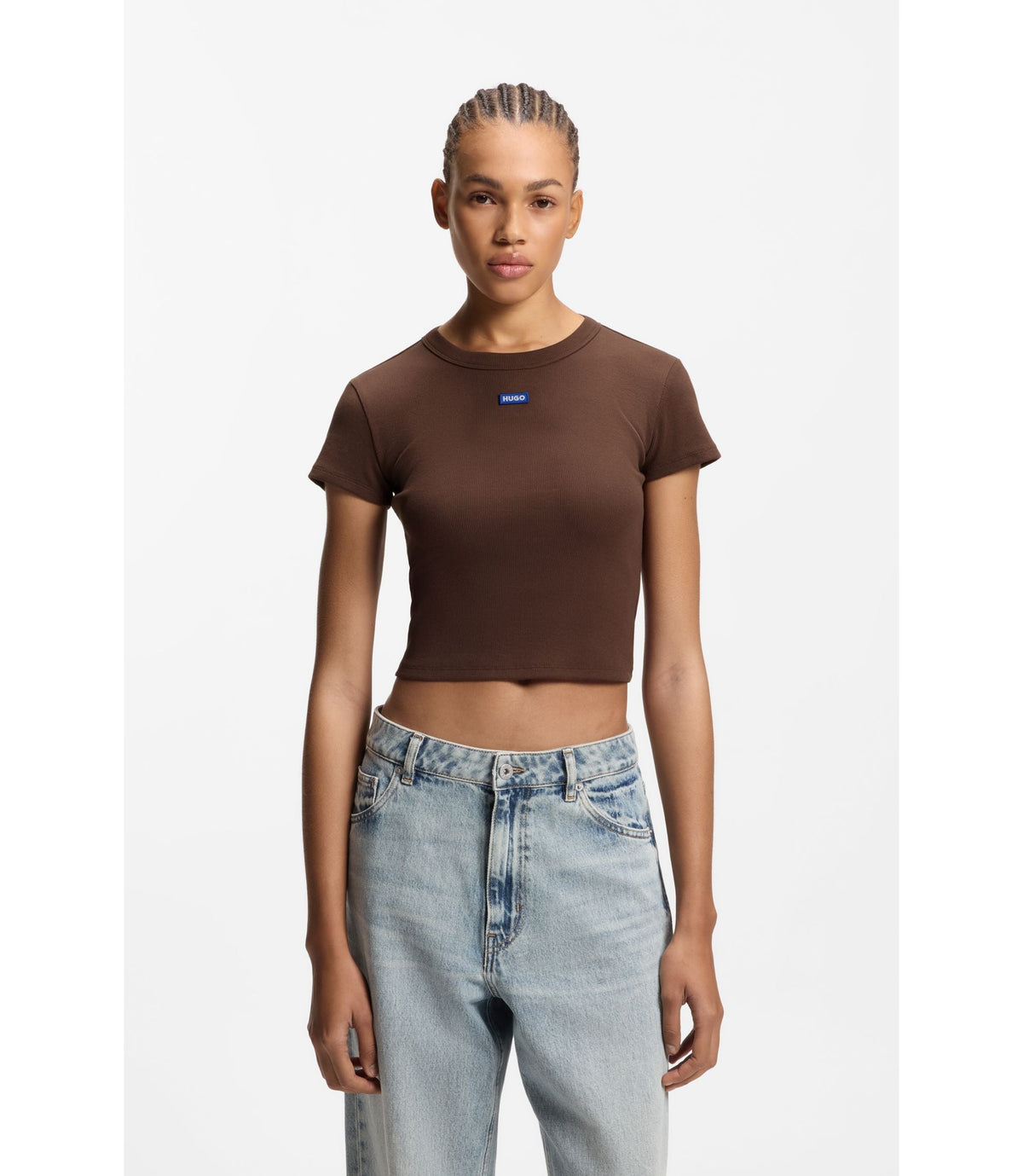 Hugo Logo Badge Slim Fit T Shirt In Stretch Cotton Brown Women's