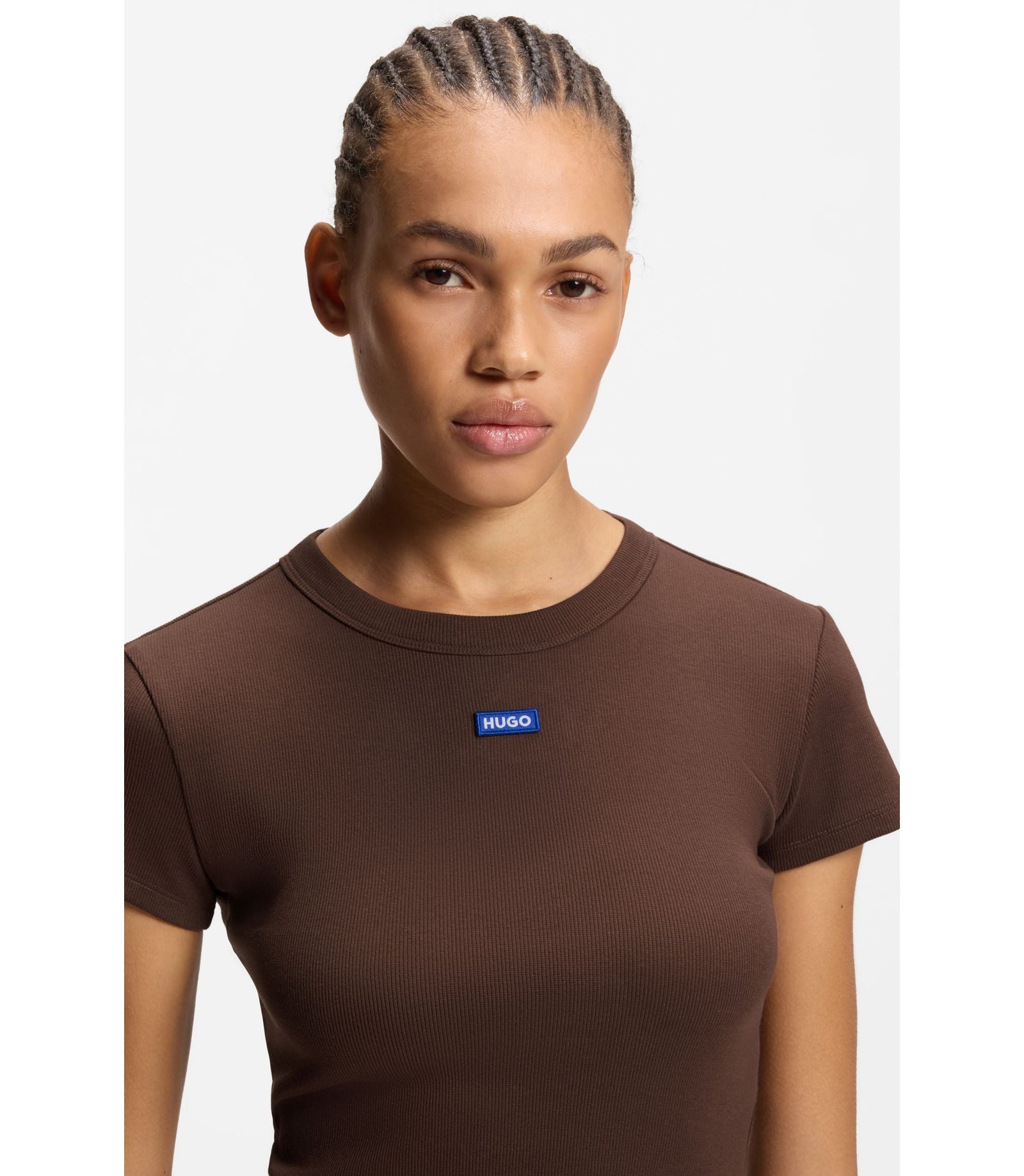 Hugo Logo Badge Slim Fit T Shirt In Stretch Cotton Brown Women's