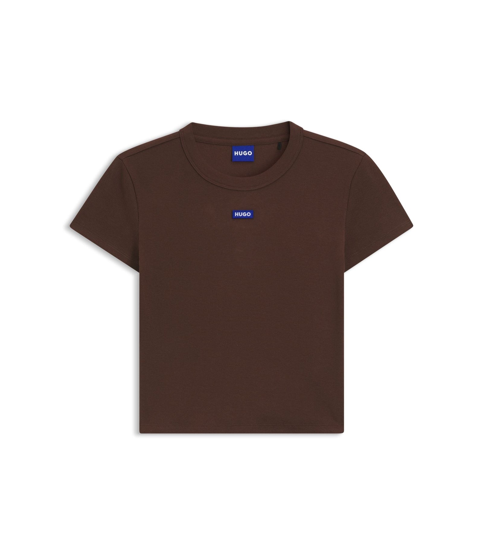 Hugo Logo Badge Slim Fit T Shirt In Stretch Cotton Brown Women's