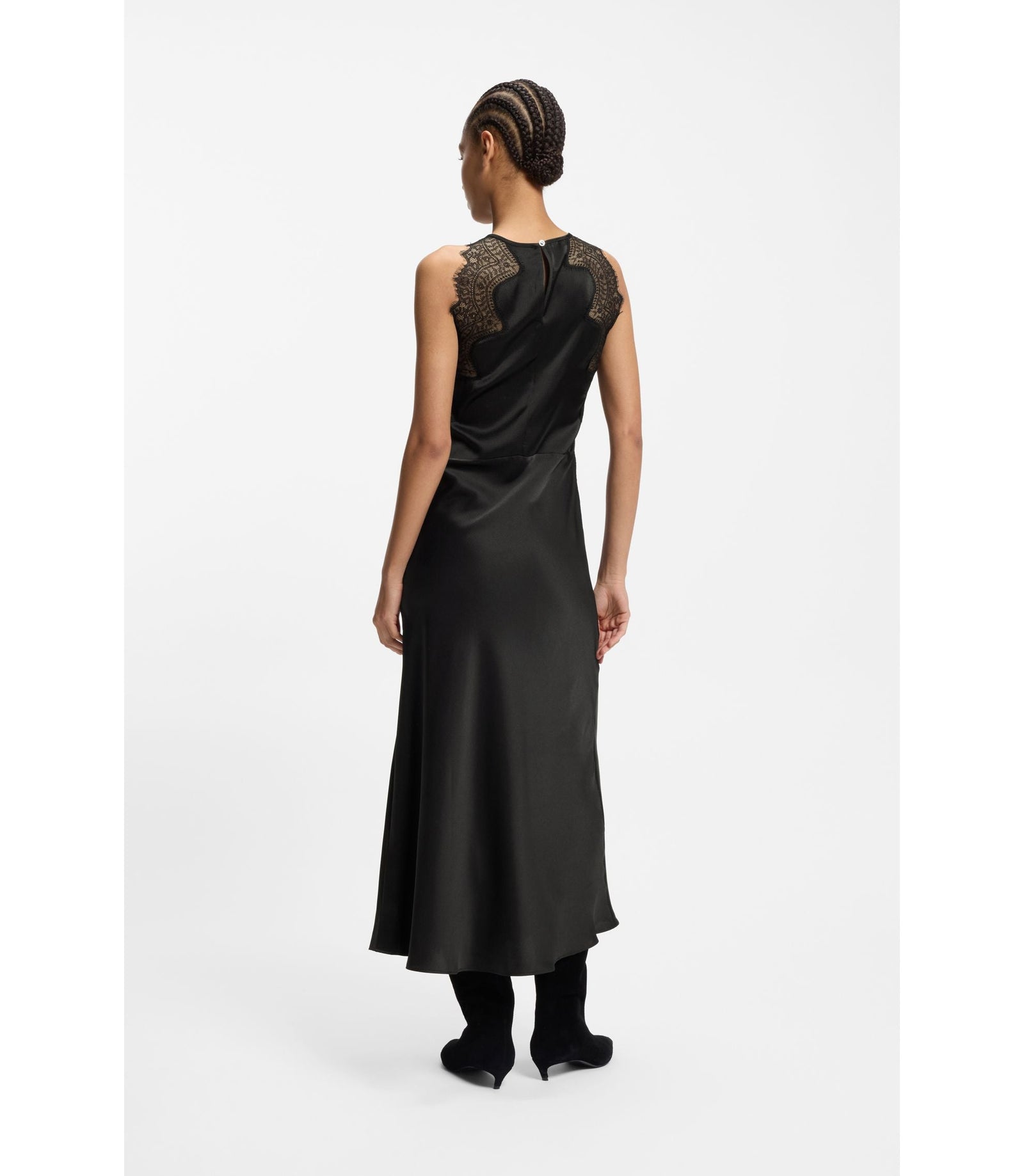 Boss Lace Trim Dress In Seersucker Satin Black Women's