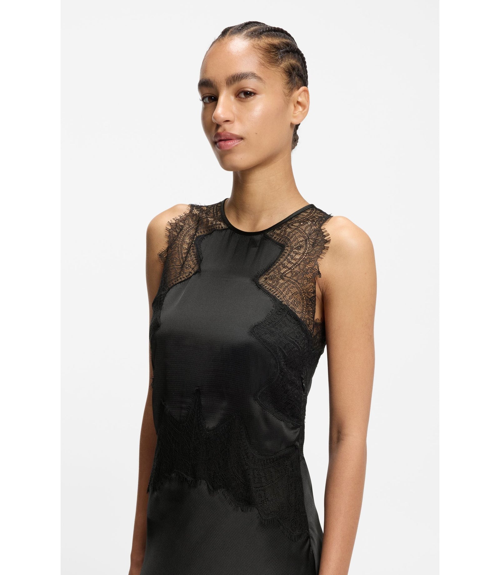 Boss Lace Trim Dress In Seersucker Satin Black Women's