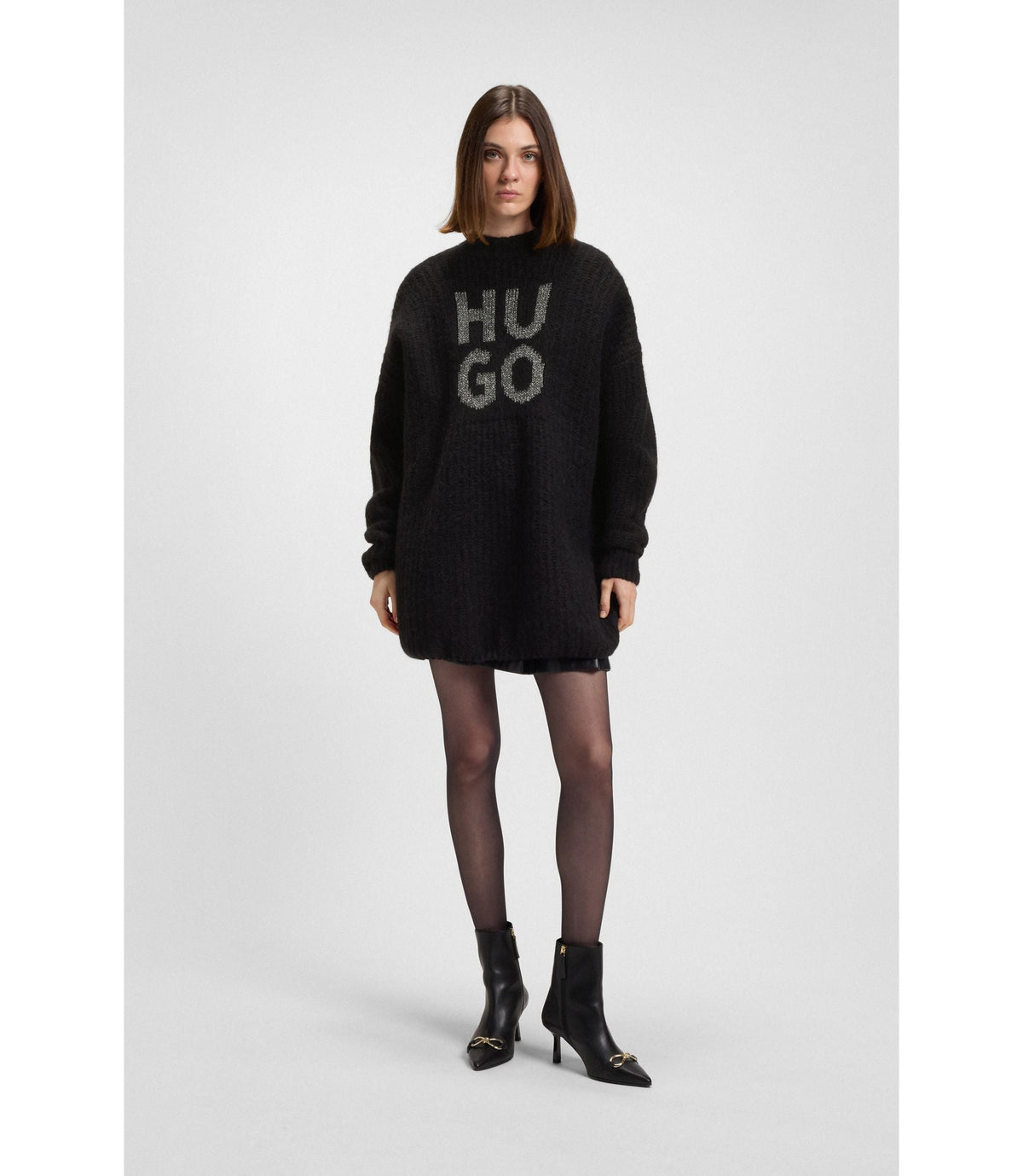 Hugo Knitted Sweater With Sparkling Stacked Logo Black Women's