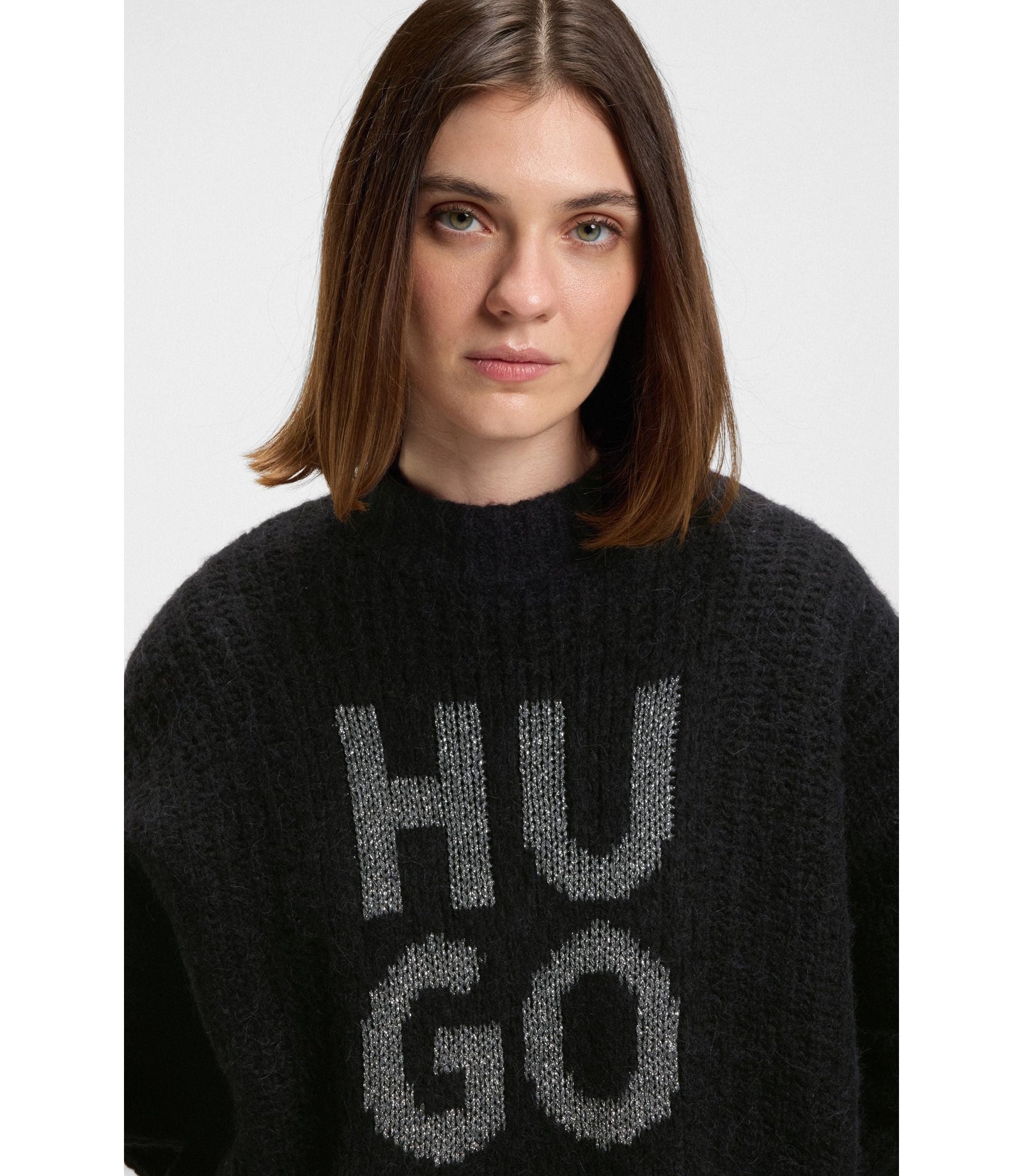 Hugo Knitted Sweater With Sparkling Stacked Logo Black Women's