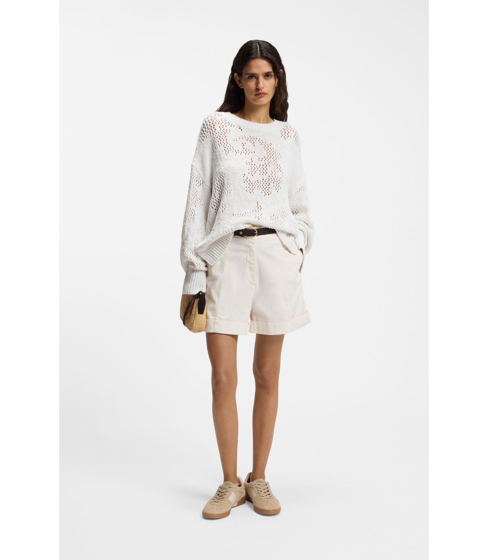 Boss Knitted Pattern Sweater In A Cotton Blend White Women's