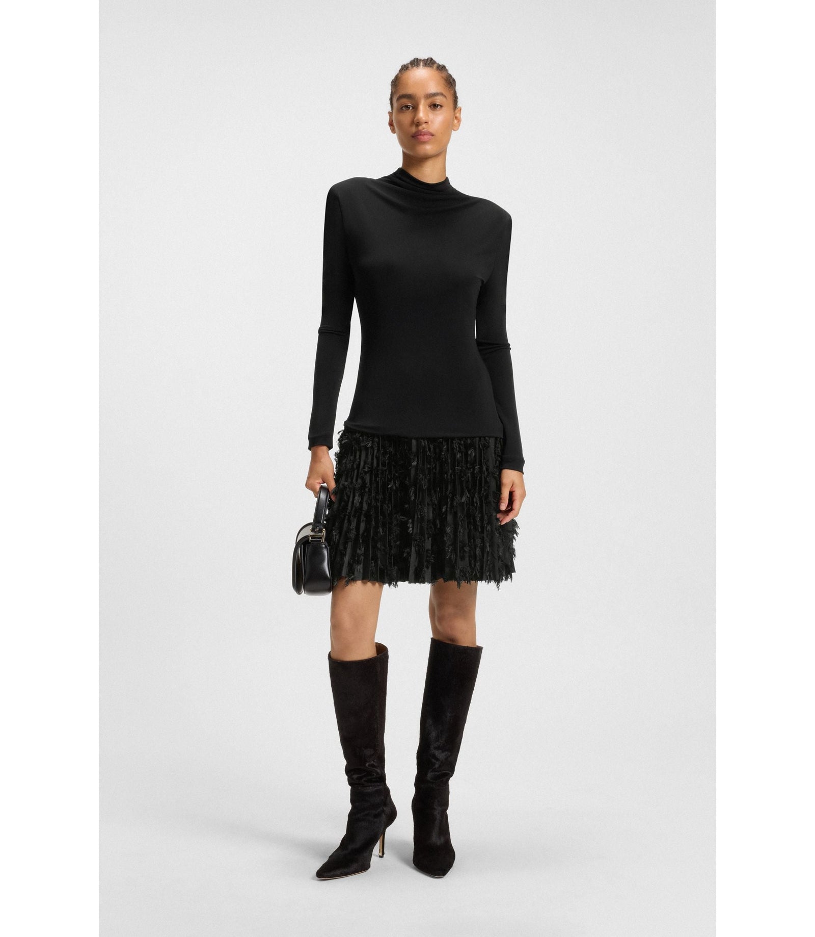 Boss Jersey Dress With Feathered Pliss Pleats Black Women's