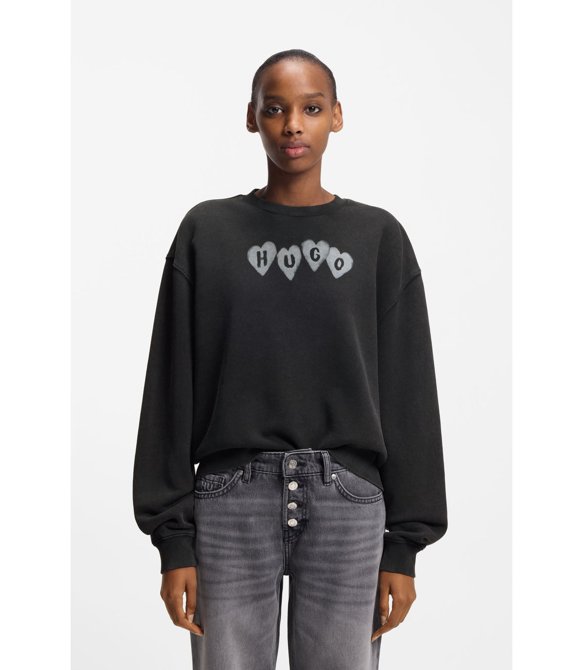 Hugo Heart Logo Sweatshirt In Cotton Terry Black Women's