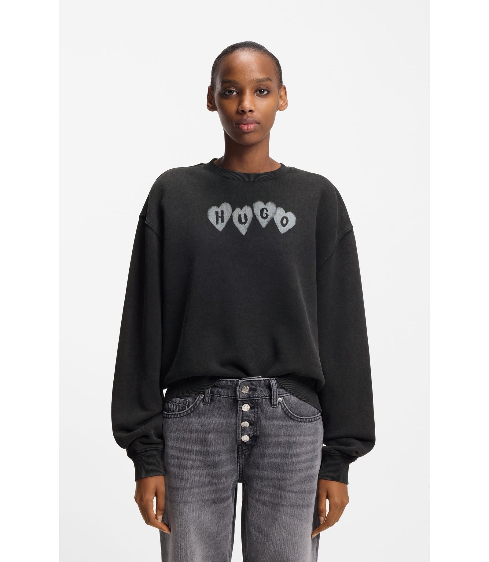 Hugo Heart Logo Sweatshirt In Cotton Terry Black Women's