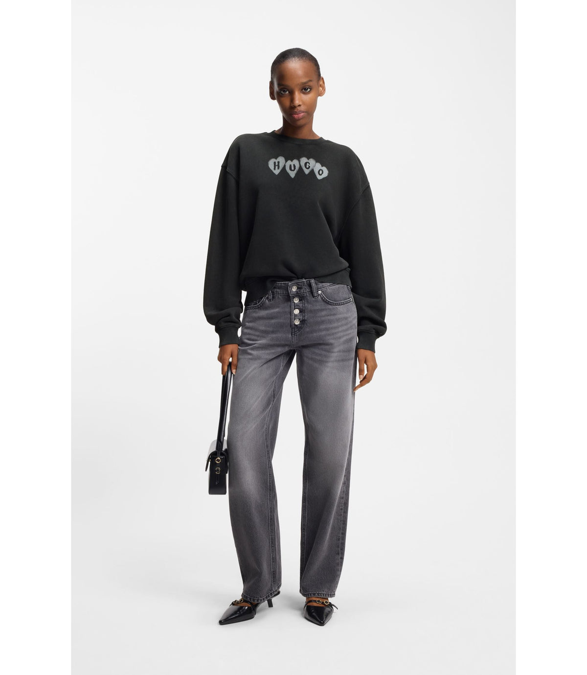 Hugo Heart Logo Sweatshirt In Cotton Terry Black Women's