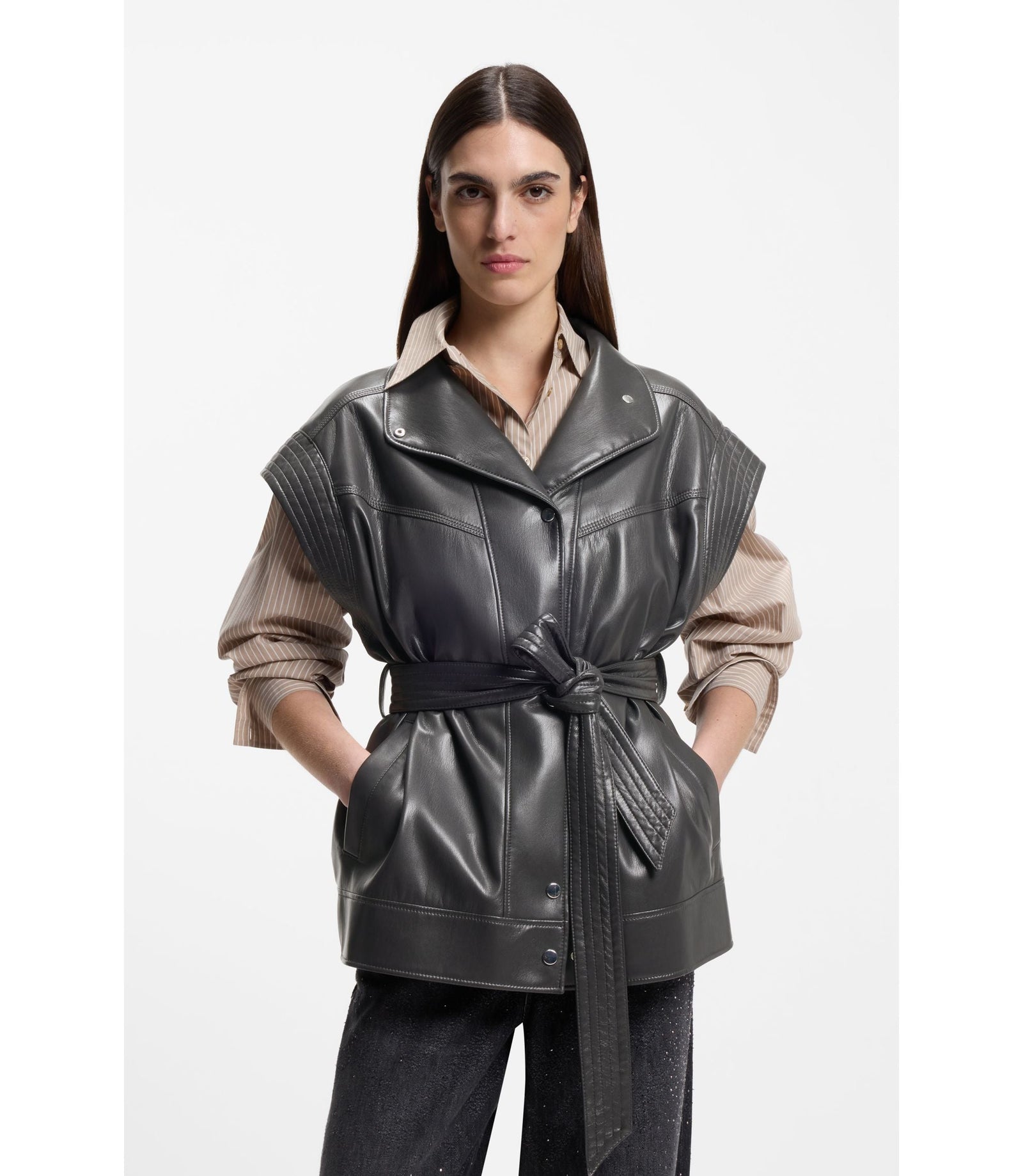 Boss Faux Leather Gilet With Belt Light Grey Women's