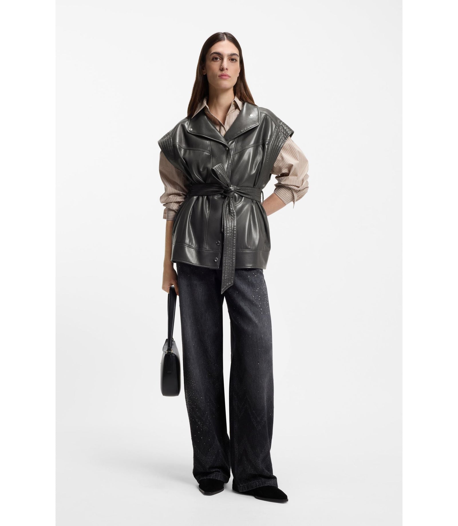 Boss Faux Leather Gilet With Belt Light Grey Women's