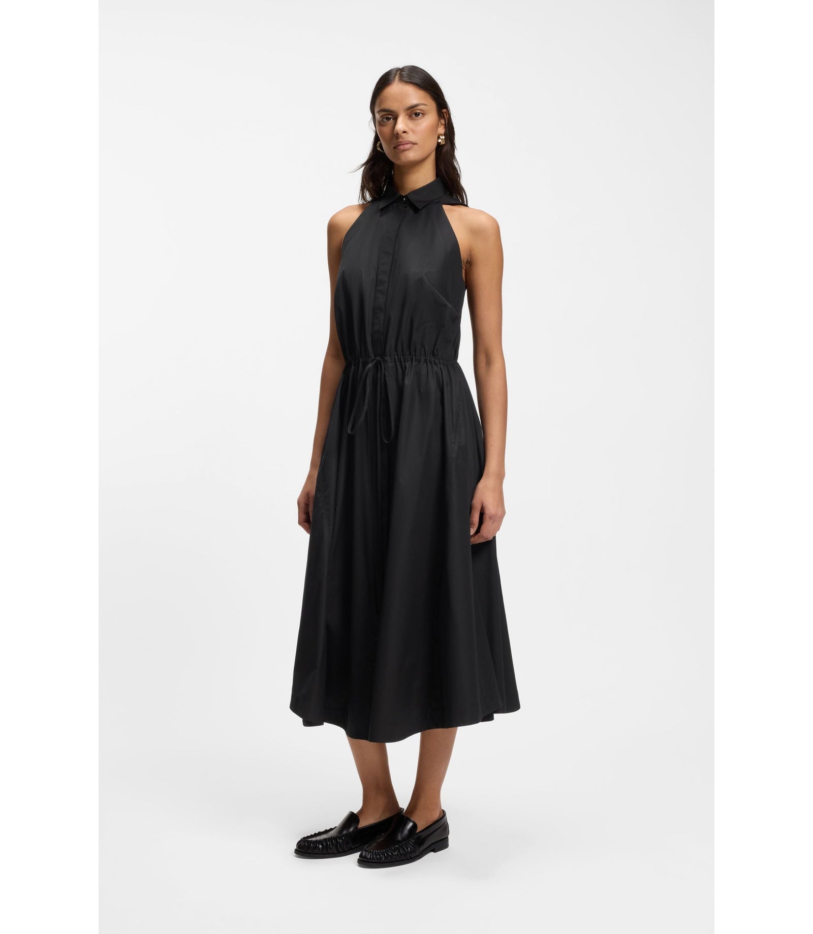 Boss Drawcord Waist Dress In Cotton Poplin Black Women's