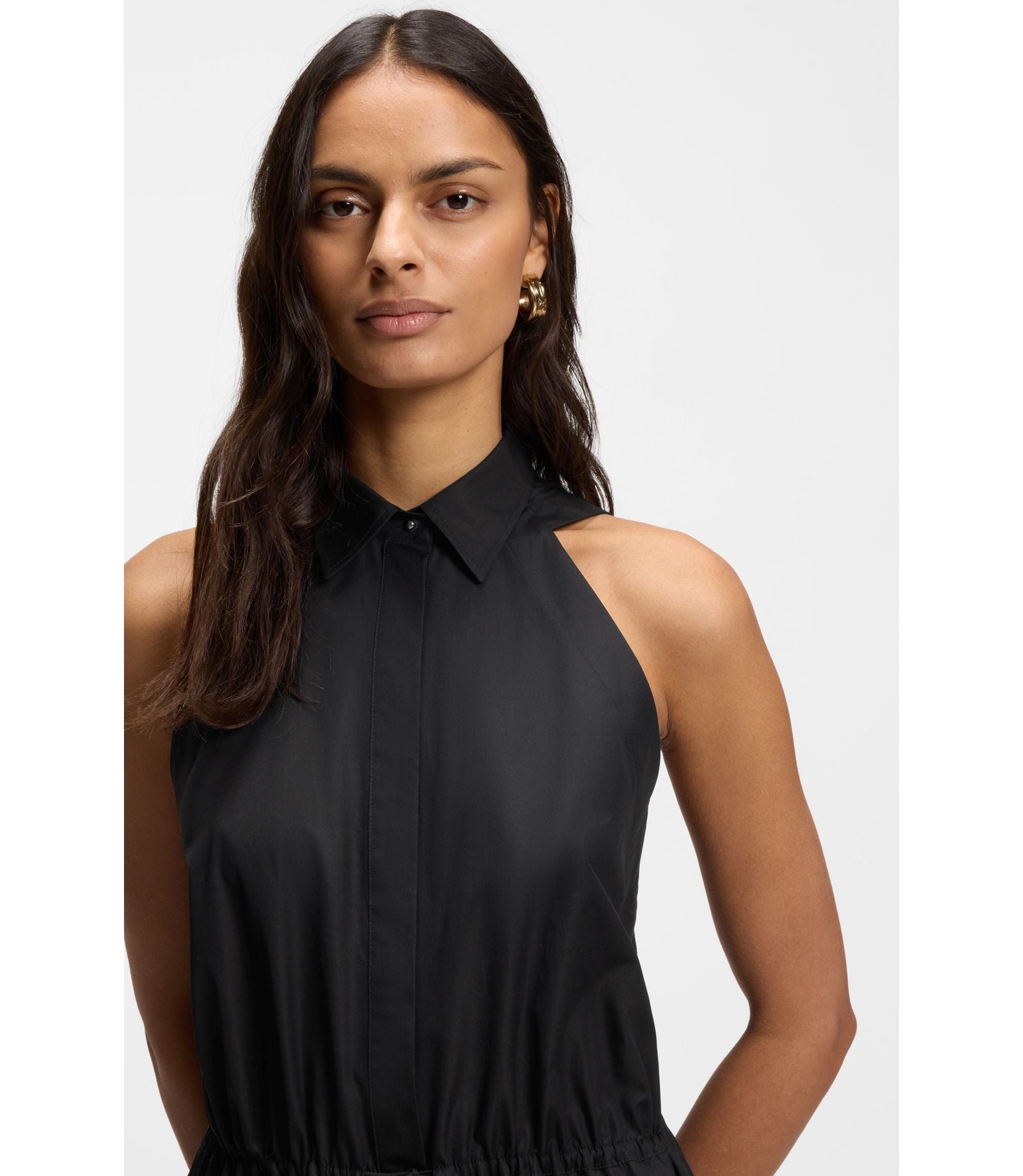 Boss Drawcord Waist Dress In Cotton Poplin Black Women's
