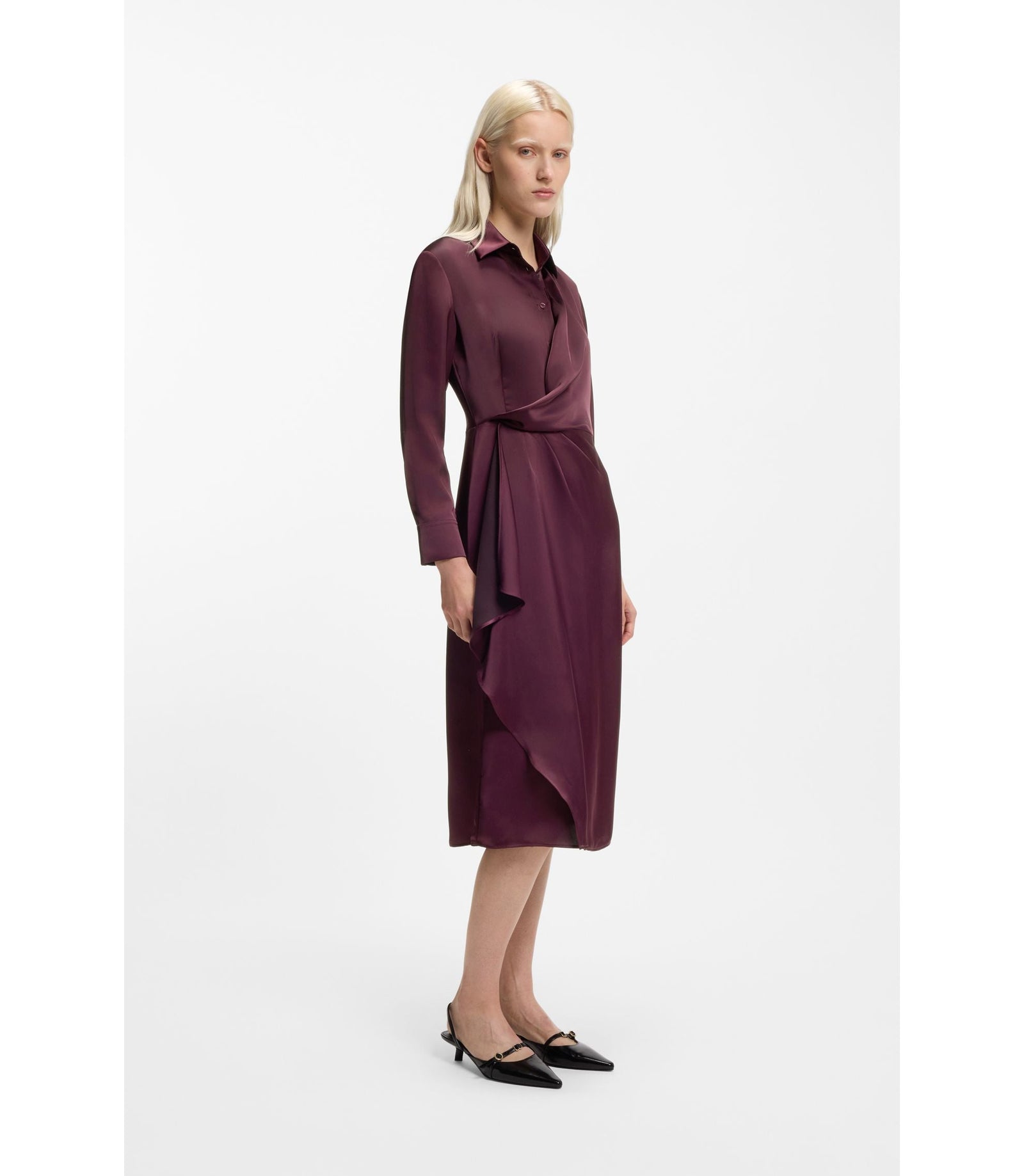 Hugo Drape Detail Midi Dress In Satin Dark Purple Women's