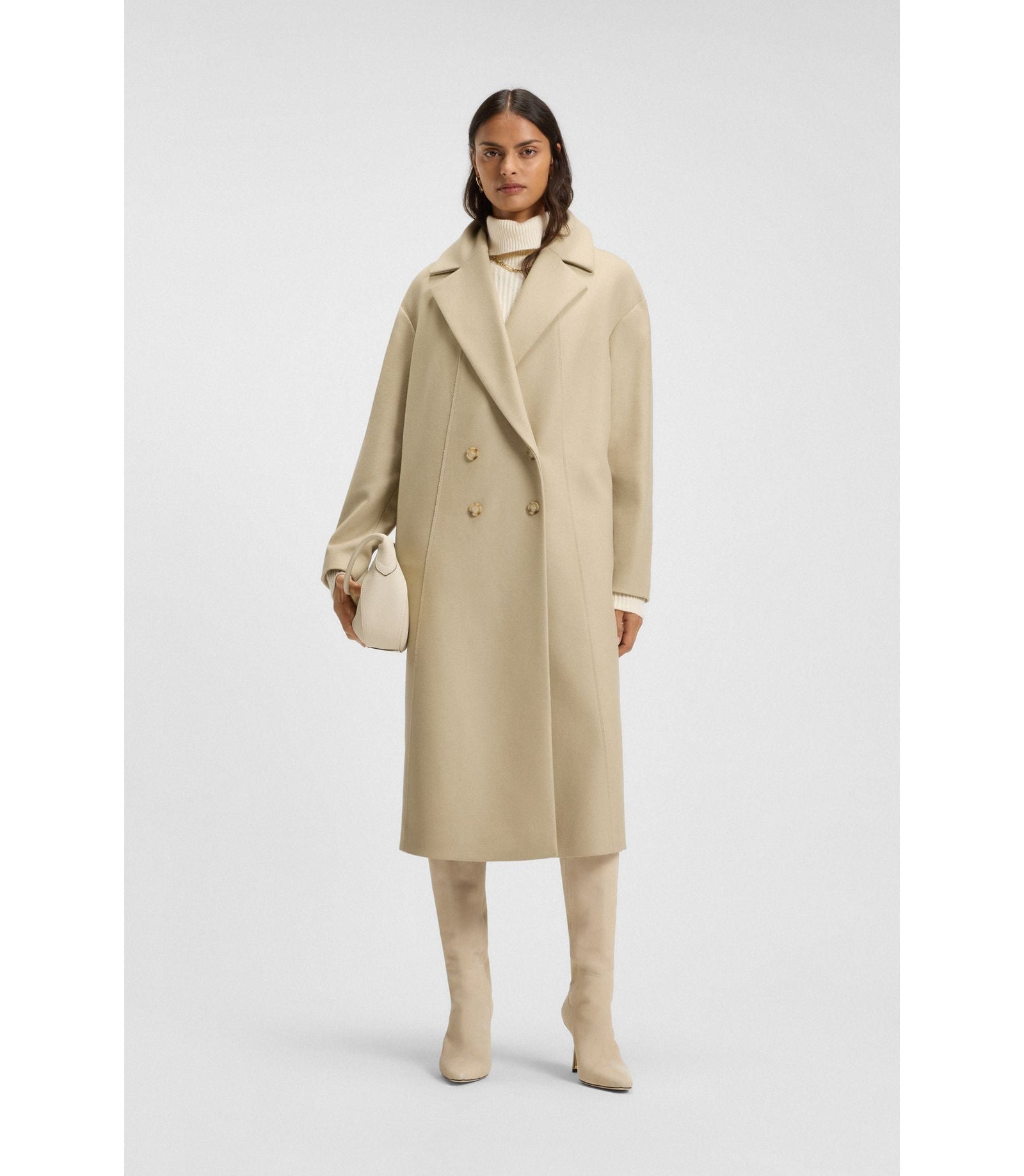 Boss Double Breasted Coat In Virgin Wool And Cashmere Light Beige Women's