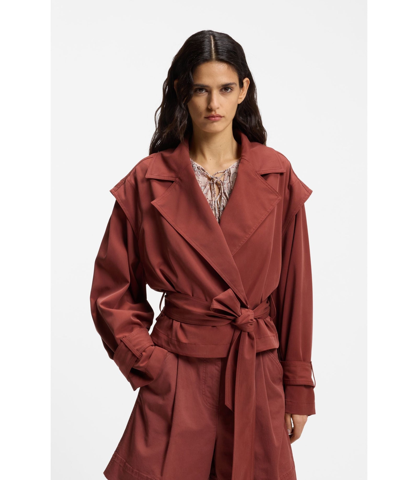 Boss Cropped Trench Jacket With Belt Dark Red Women's
