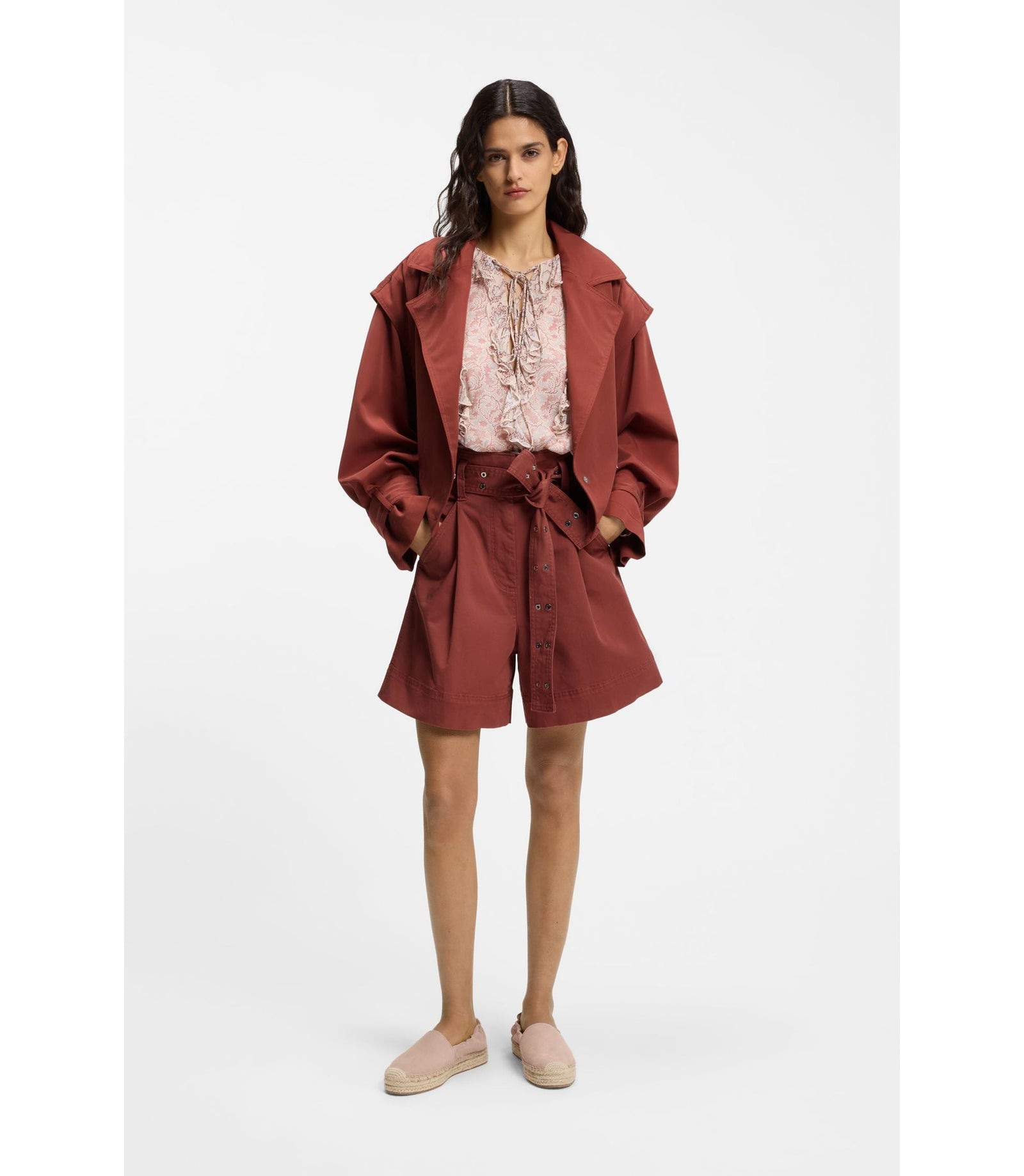Boss Cropped Trench Jacket With Belt Dark Red Women's