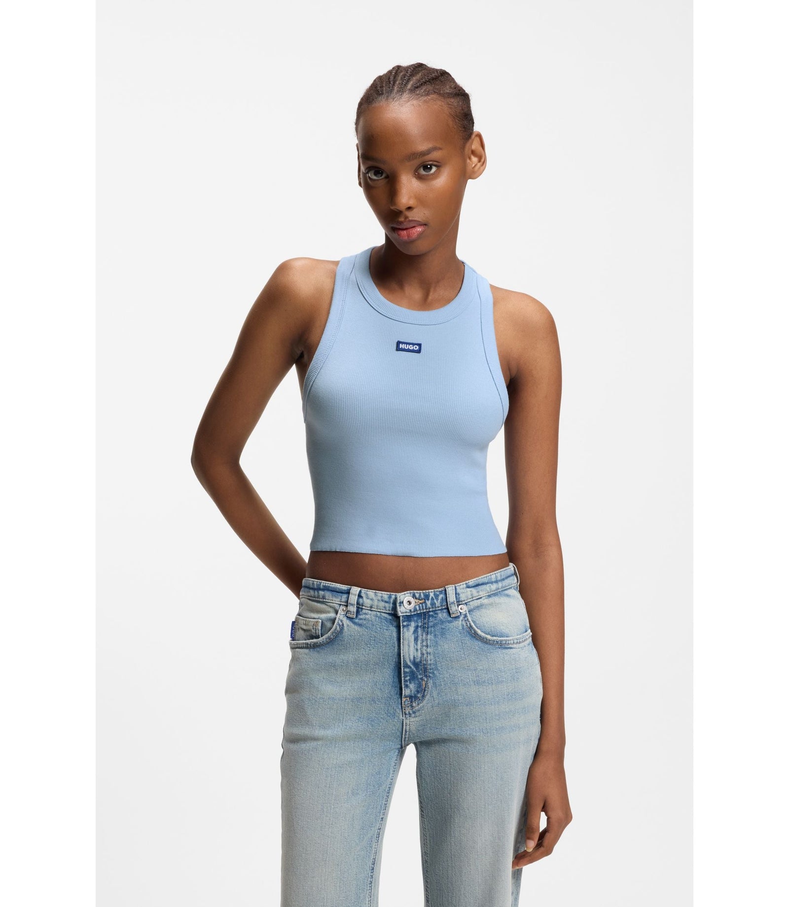 Hugo Cropped Stretch Cotton Tank Top With Blue Logo Label Light Blue Women's