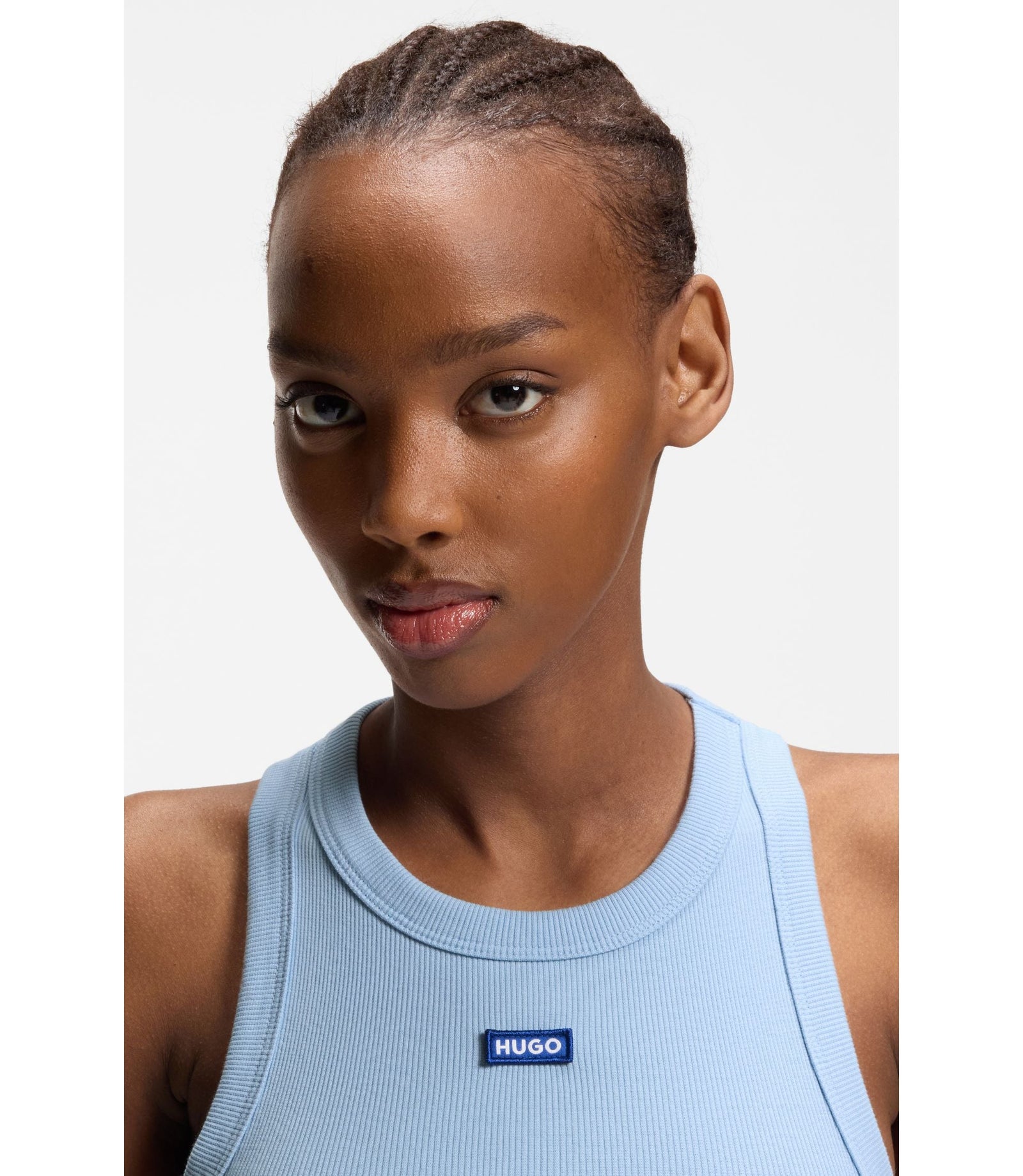 Hugo Cropped Stretch Cotton Tank Top With Blue Logo Label Light Blue Women's