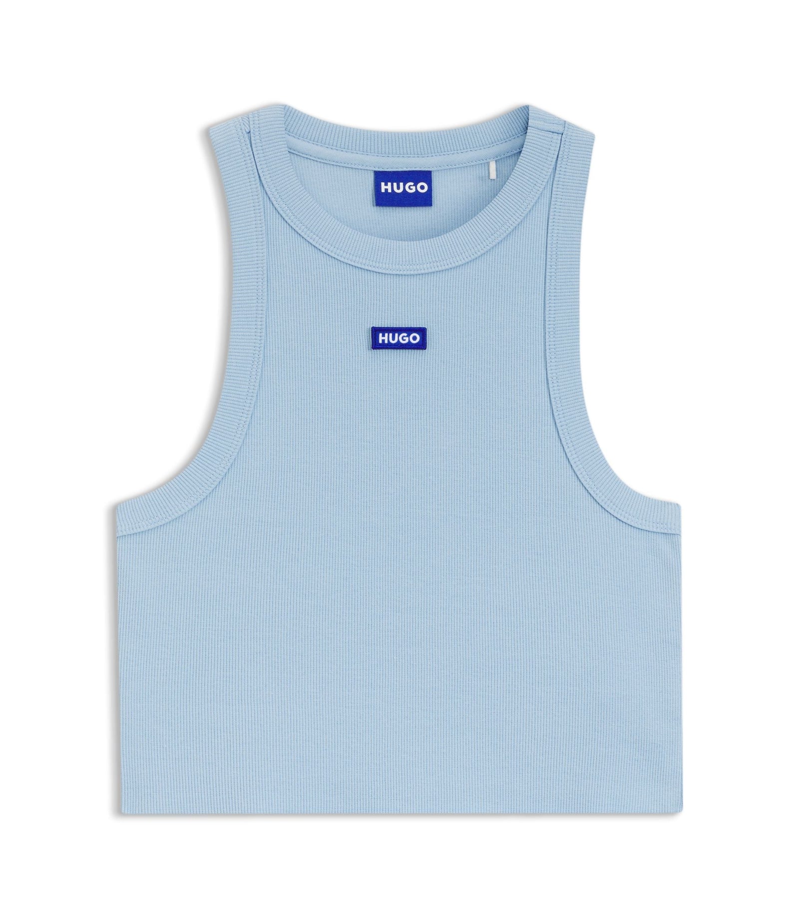 Hugo Cropped Stretch Cotton Tank Top With Blue Logo Label Light Blue Women's