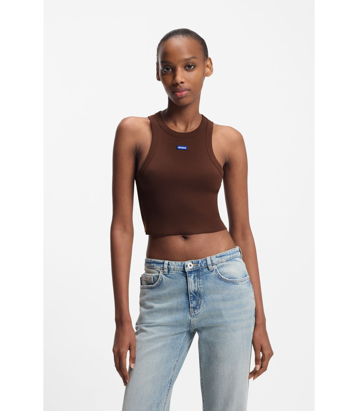 Hugo Cropped Stretch Cotton Tank Top With Blue Logo Label Brown Women's