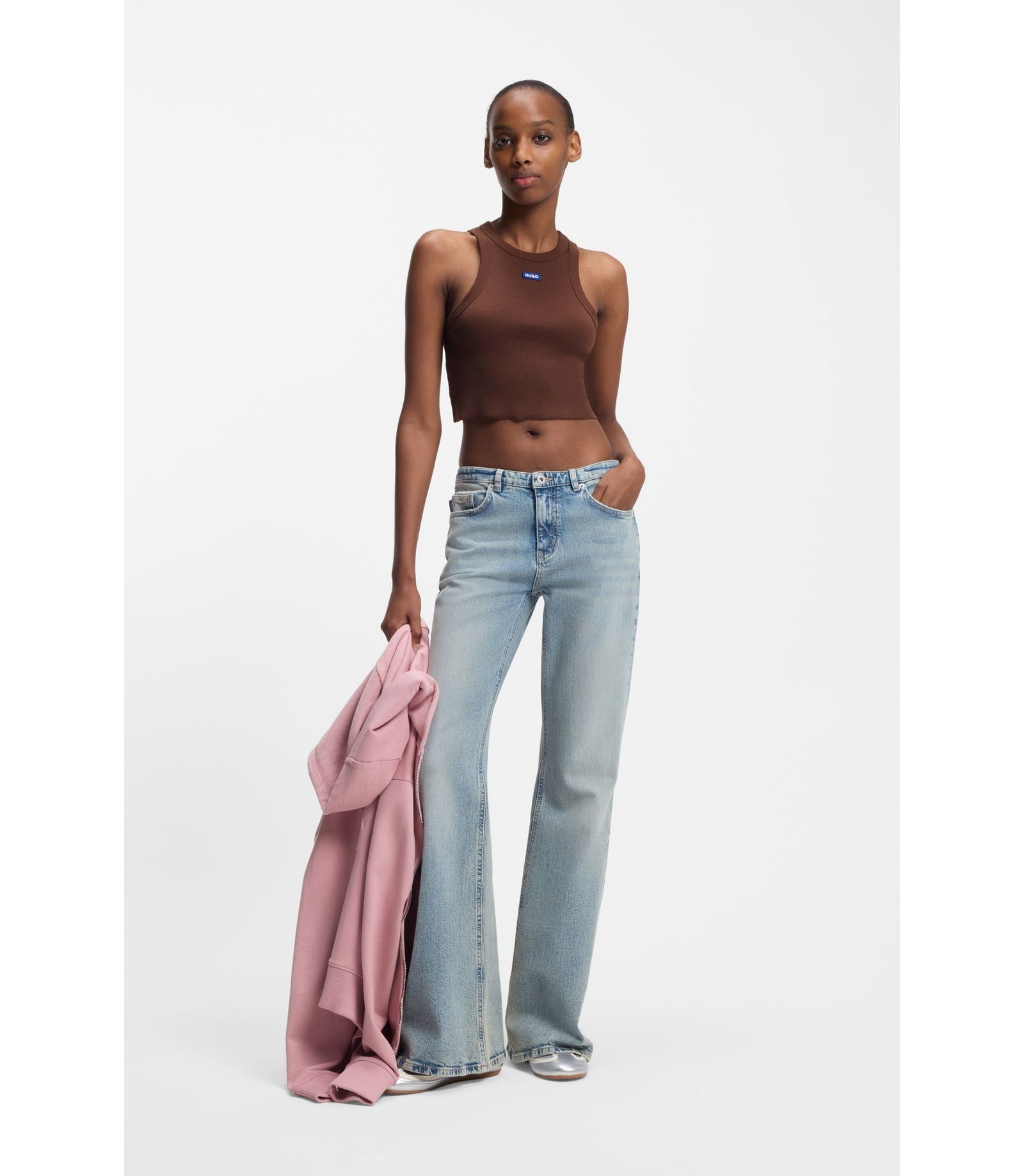 Hugo Cropped Stretch Cotton Tank Top With Blue Logo Label Brown Women's