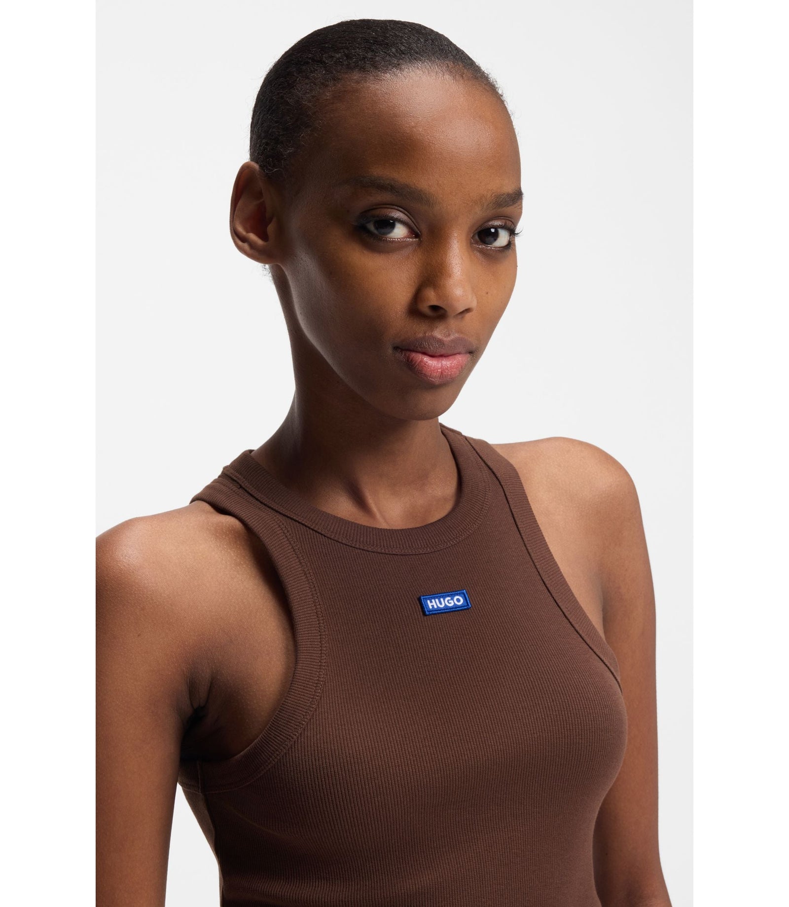 Hugo Cropped Stretch Cotton Tank Top With Blue Logo Label Brown Women's
