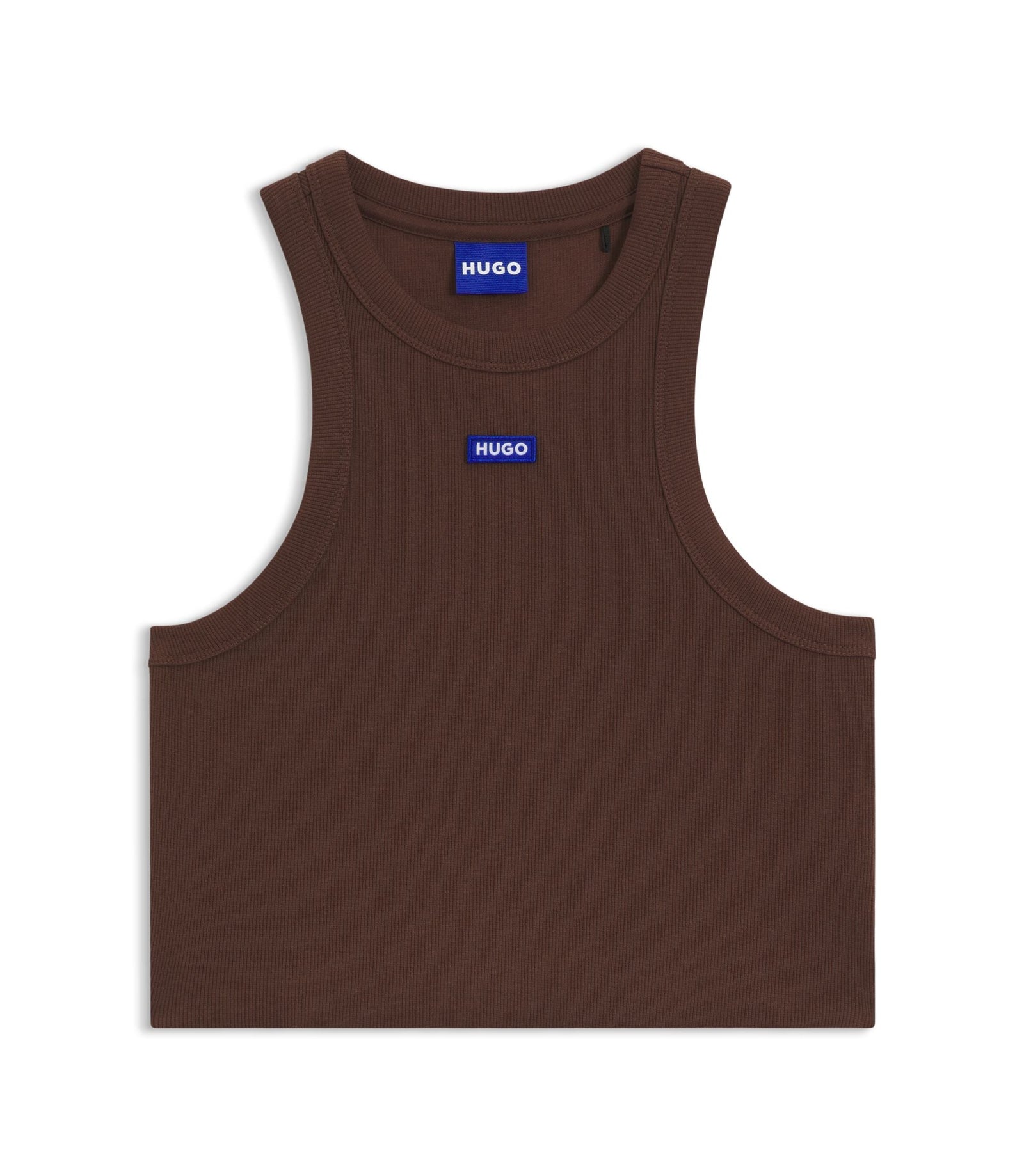 Hugo Cropped Stretch Cotton Tank Top With Blue Logo Label Brown Women's