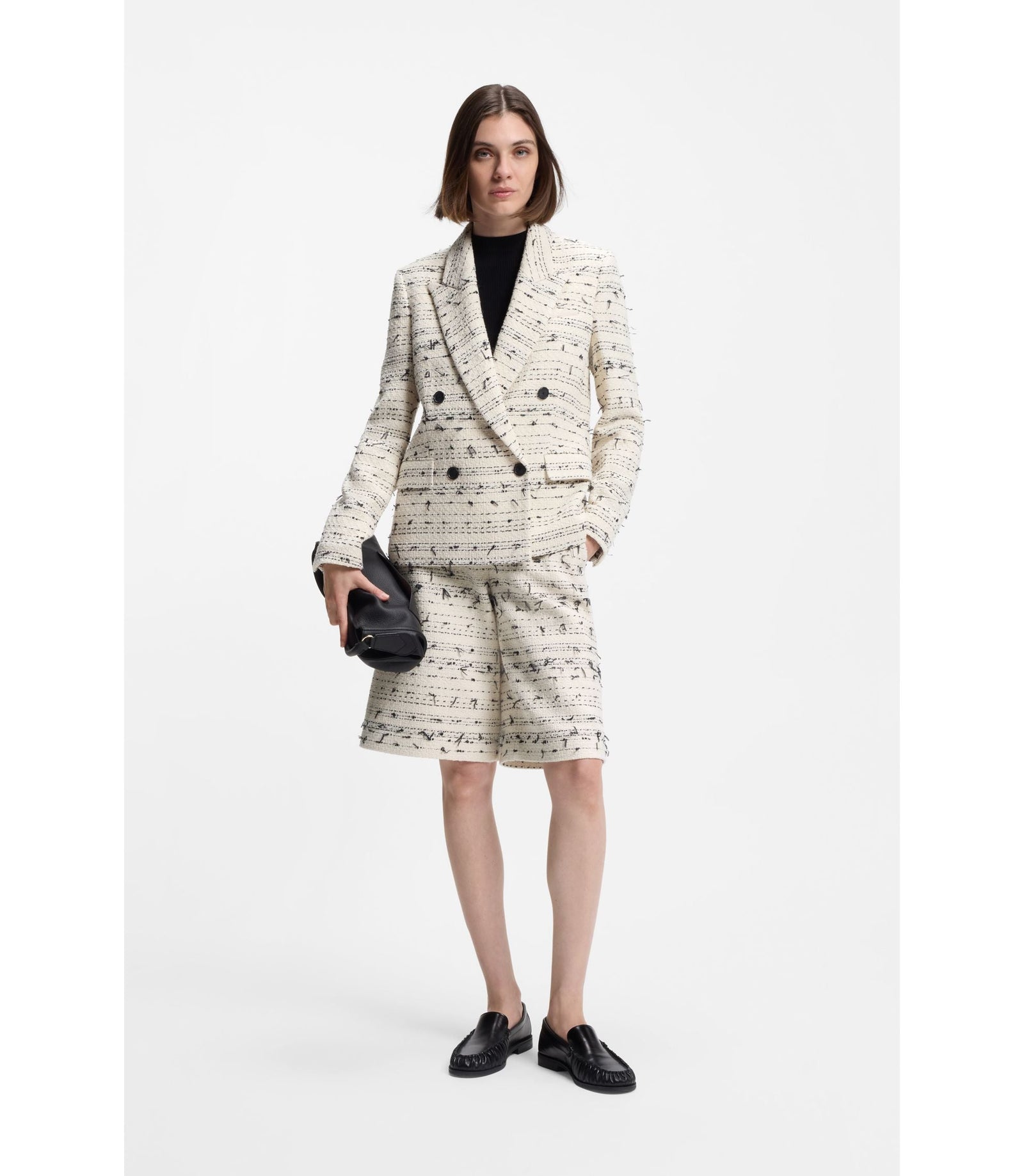 Boss Cropped Relaxed Fit Trousers In Striped Cotton Blend Tweed Patterned Women's