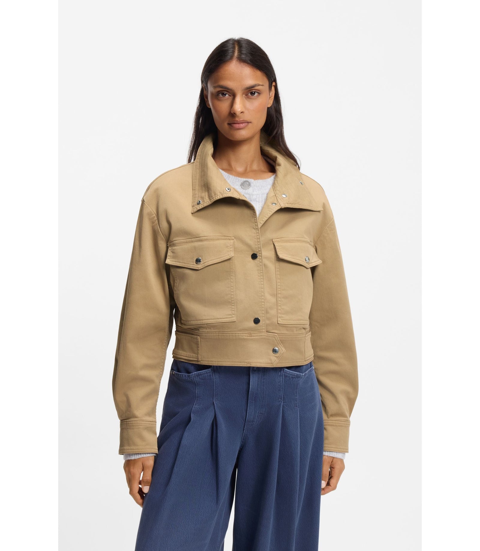 Boss Cropped Jacket In Paper Touch Cotton Twill Brown Women's