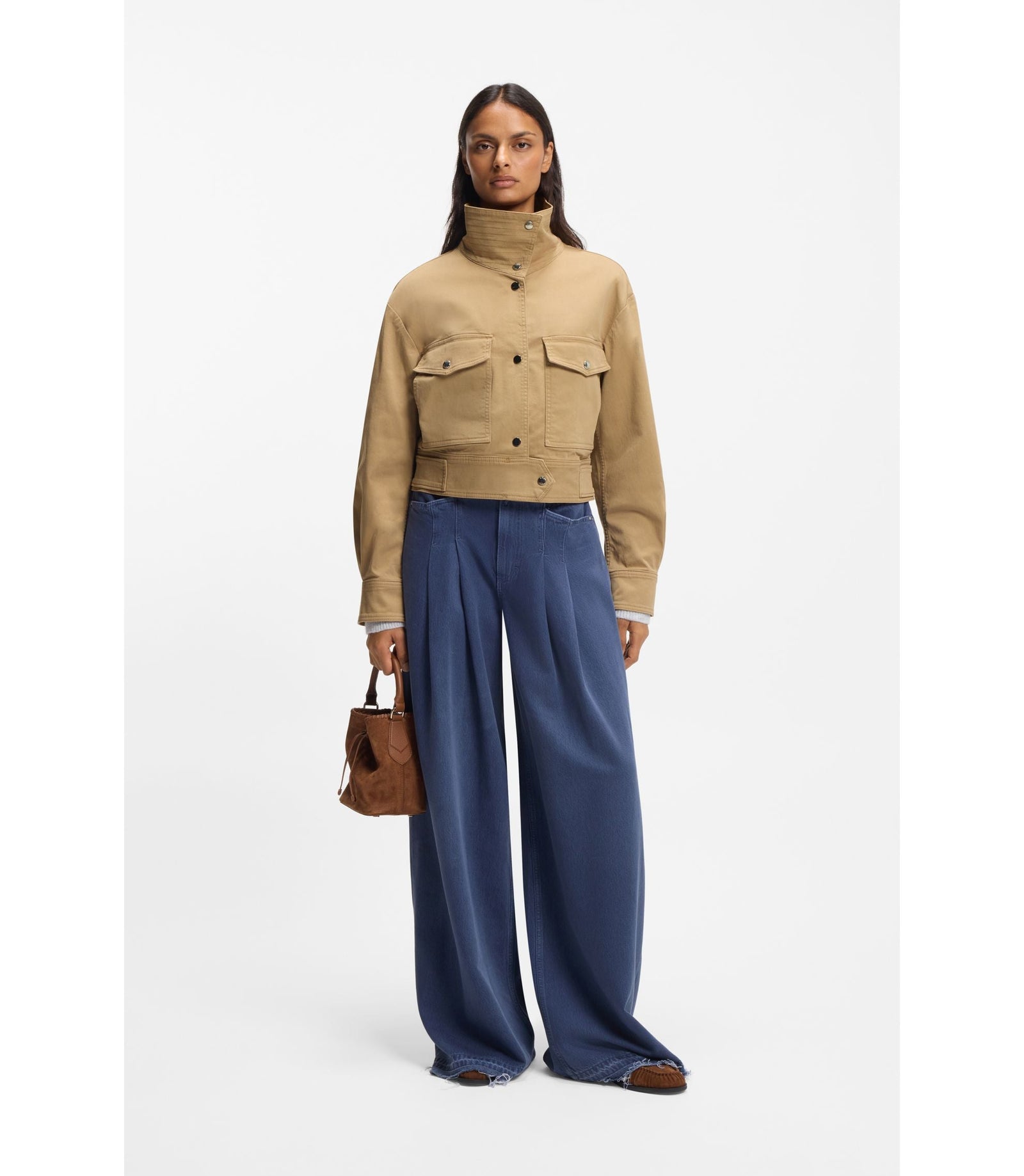 Boss Cropped Jacket In Paper Touch Cotton Twill Brown Women's