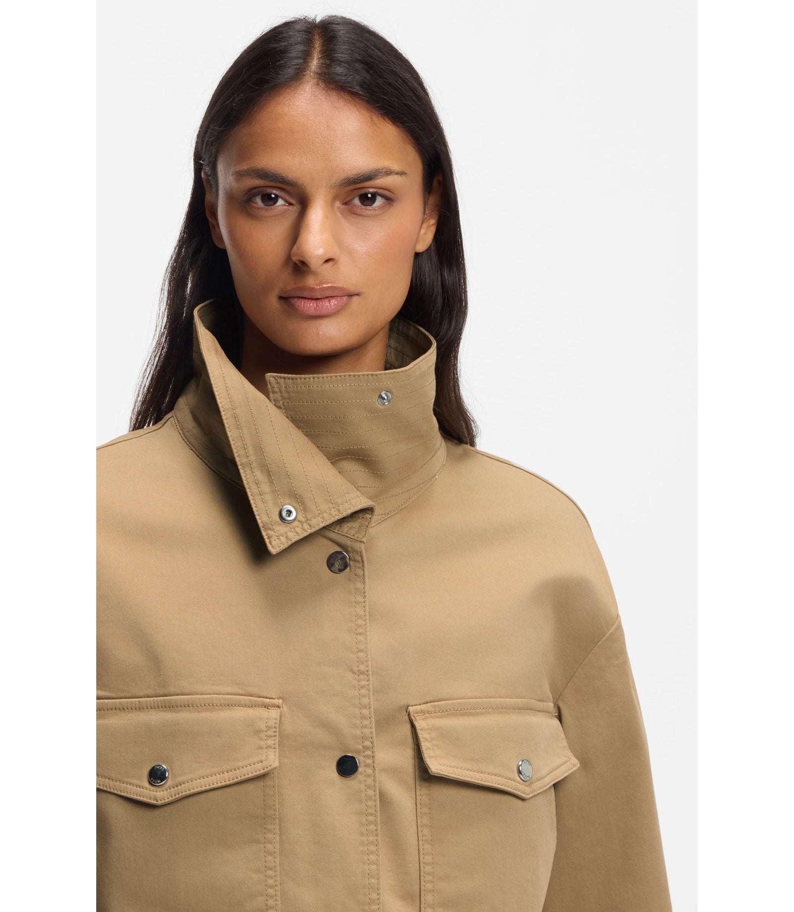 Boss Cropped Jacket In Paper Touch Cotton Twill Brown Women's
