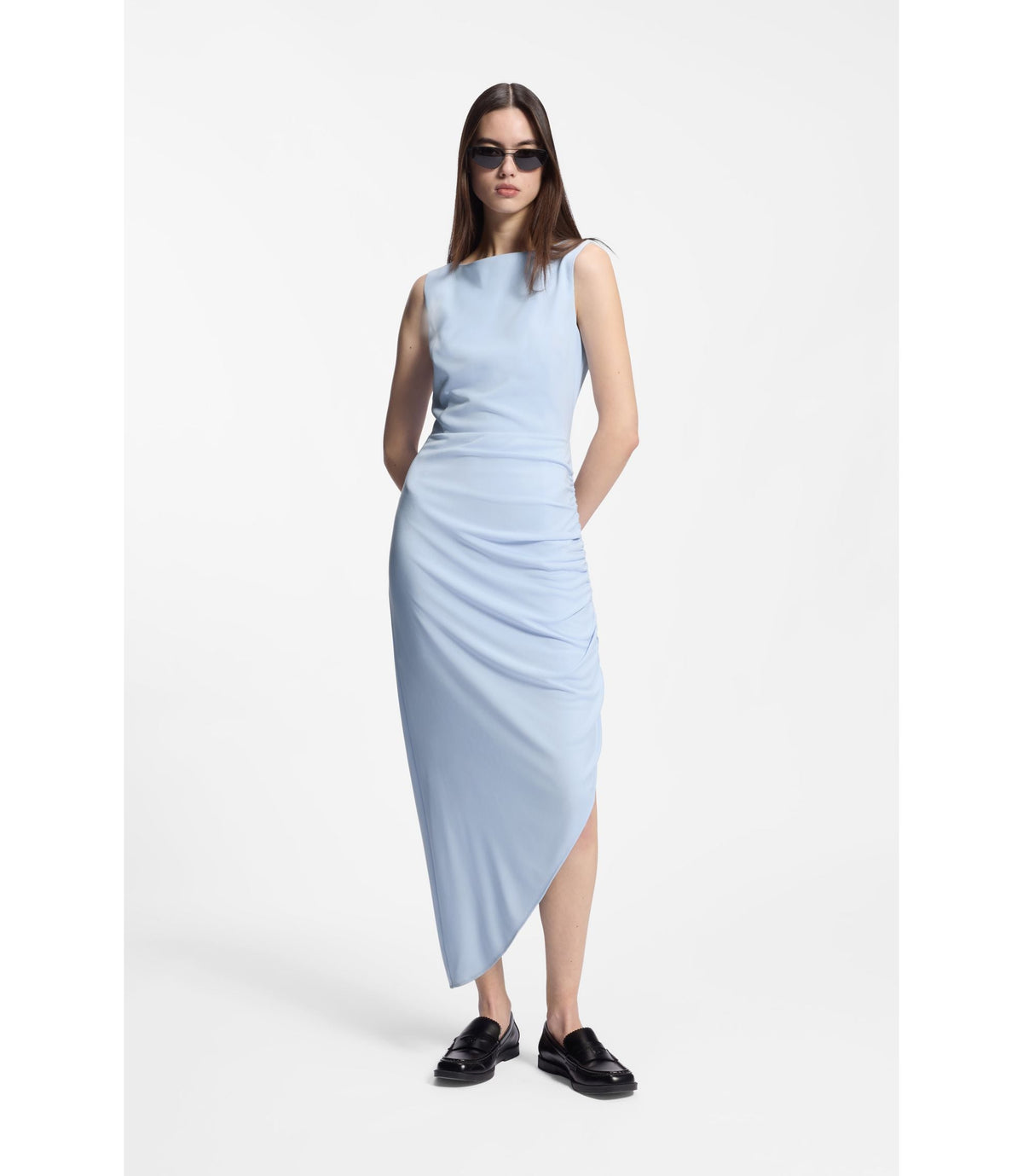 Hugo Crepe Dress With Gathered Asymmetric Hemline Light Blue Women's