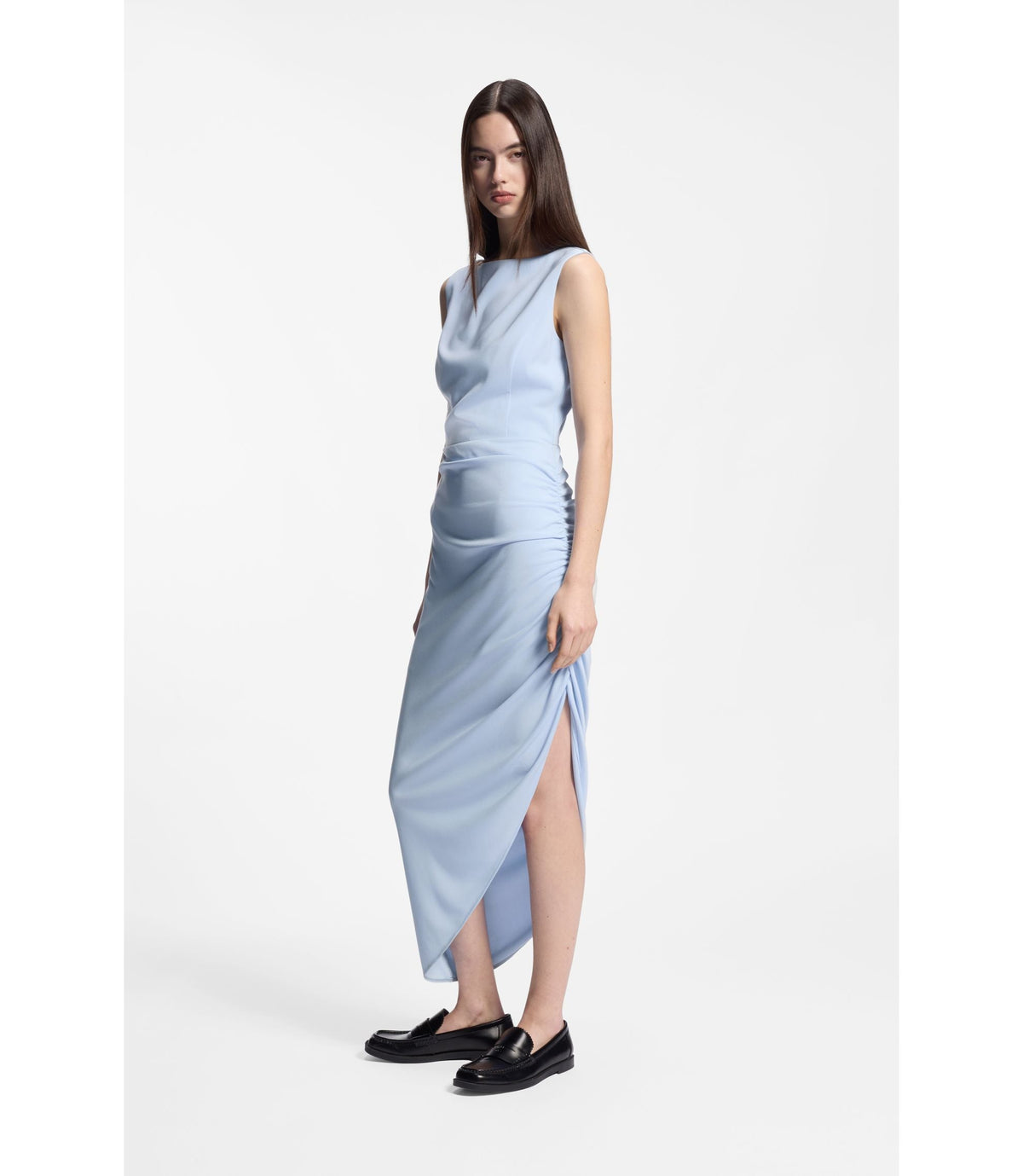 Hugo Crepe Dress With Gathered Asymmetric Hemline Light Blue Women's