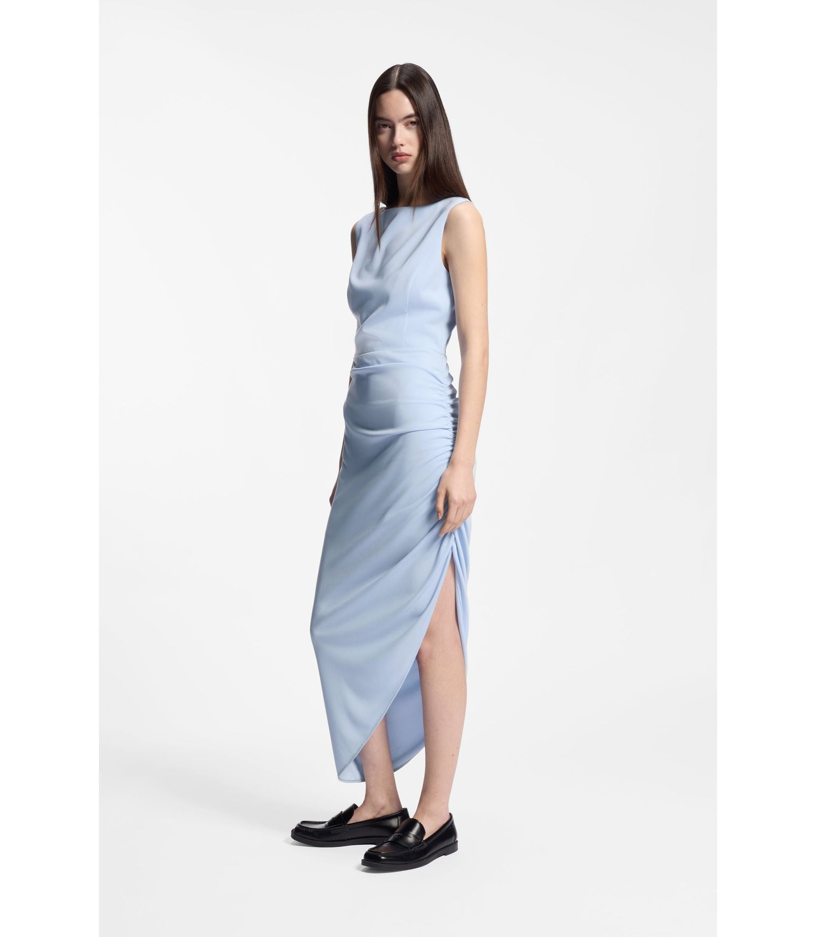 Hugo Crepe Dress With Gathered Asymmetric Hemline Light Blue Women's