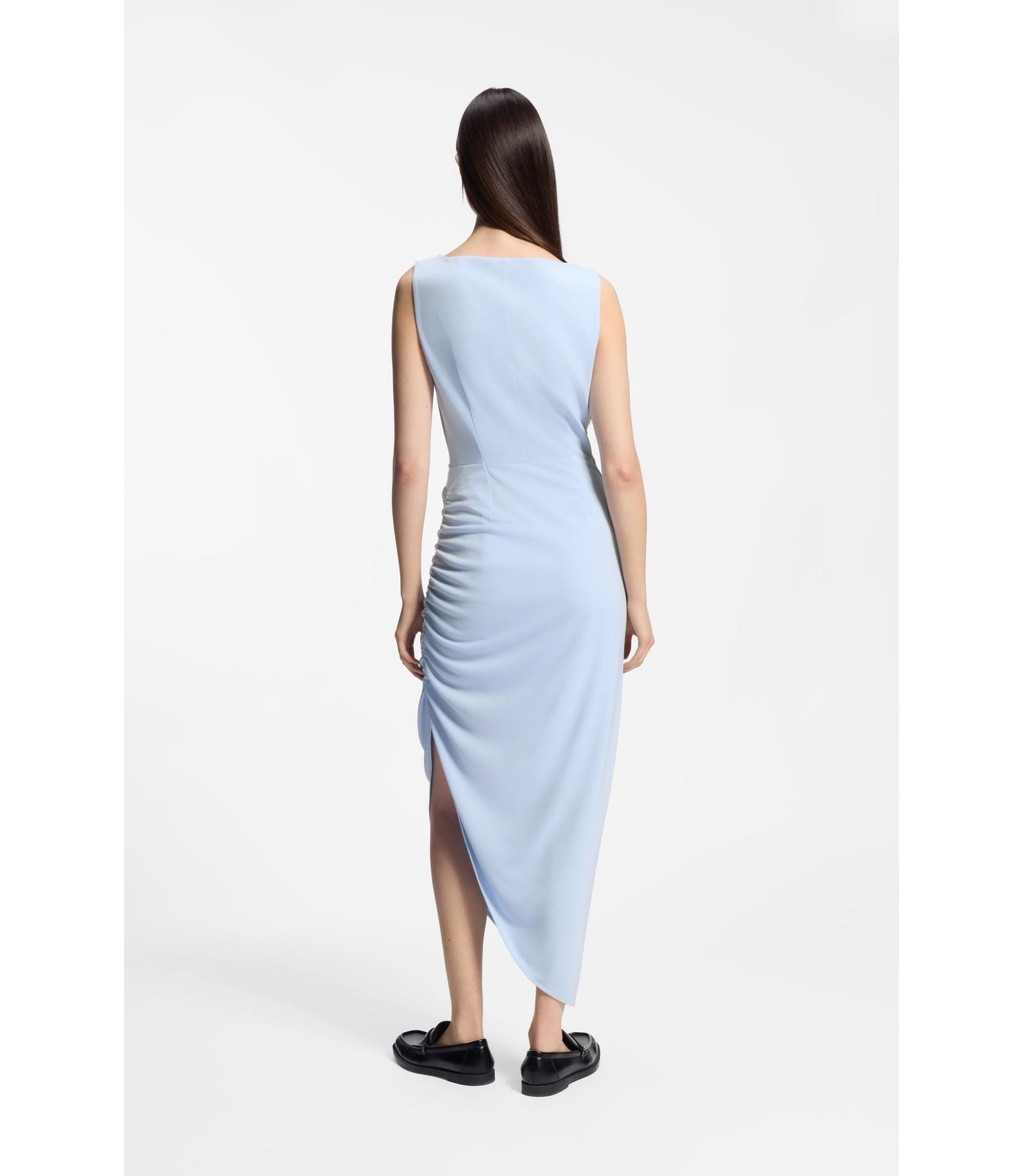 Hugo Crepe Dress With Gathered Asymmetric Hemline Light Blue Women's