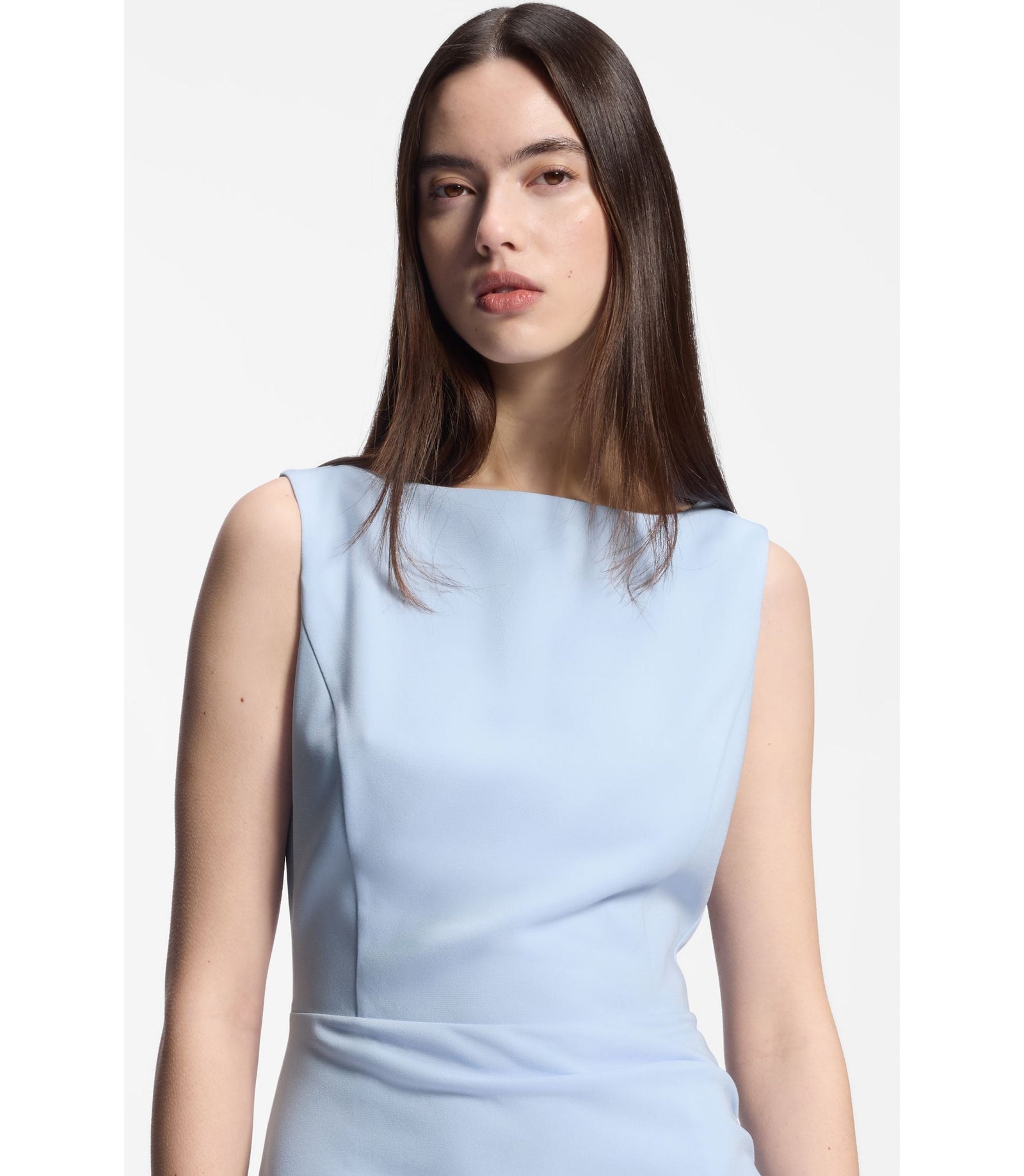 Hugo Crepe Dress With Gathered Asymmetric Hemline Light Blue Women's