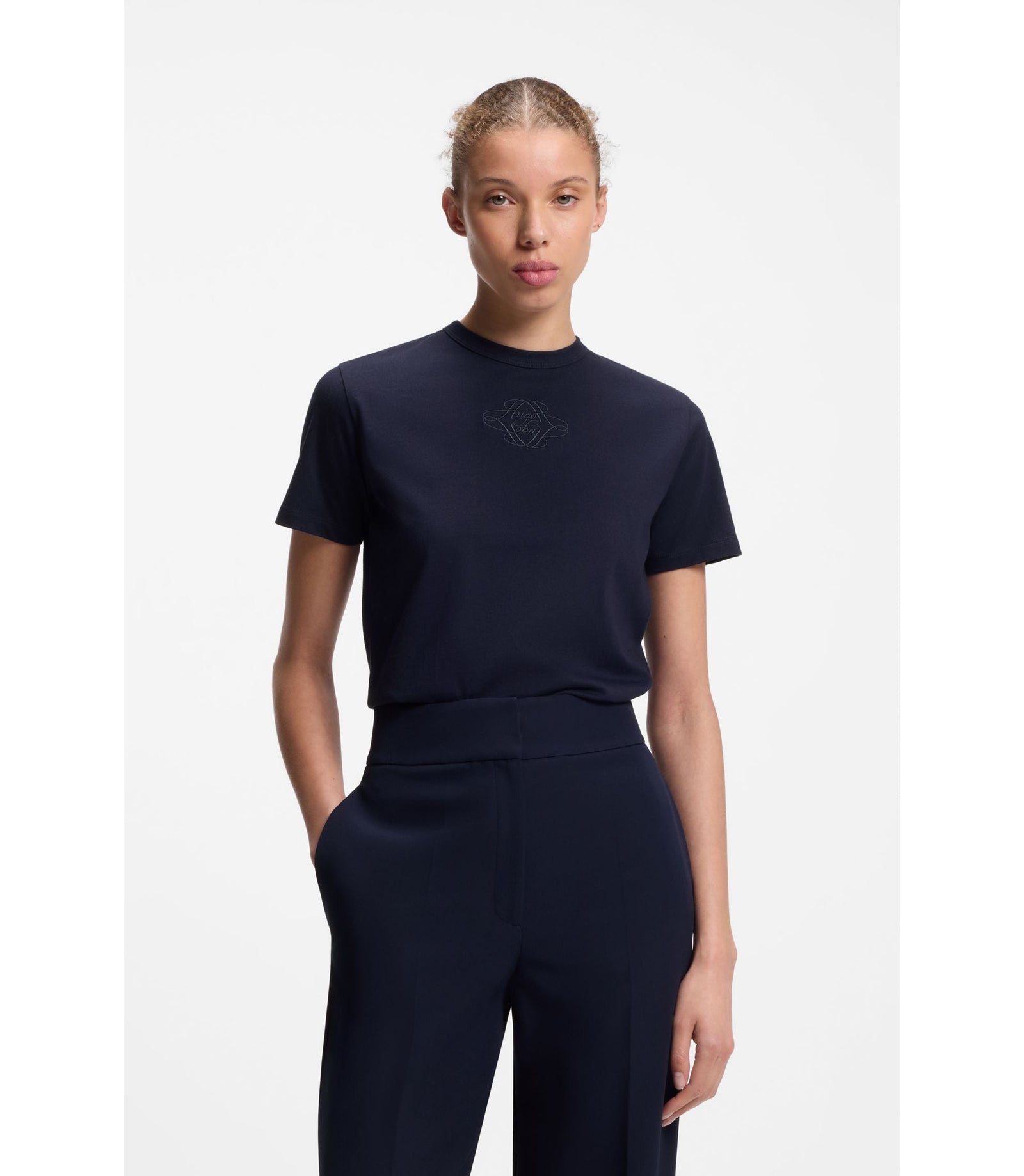 Hugo Cotton T Shirt With Embroidered Logo Blue Women's