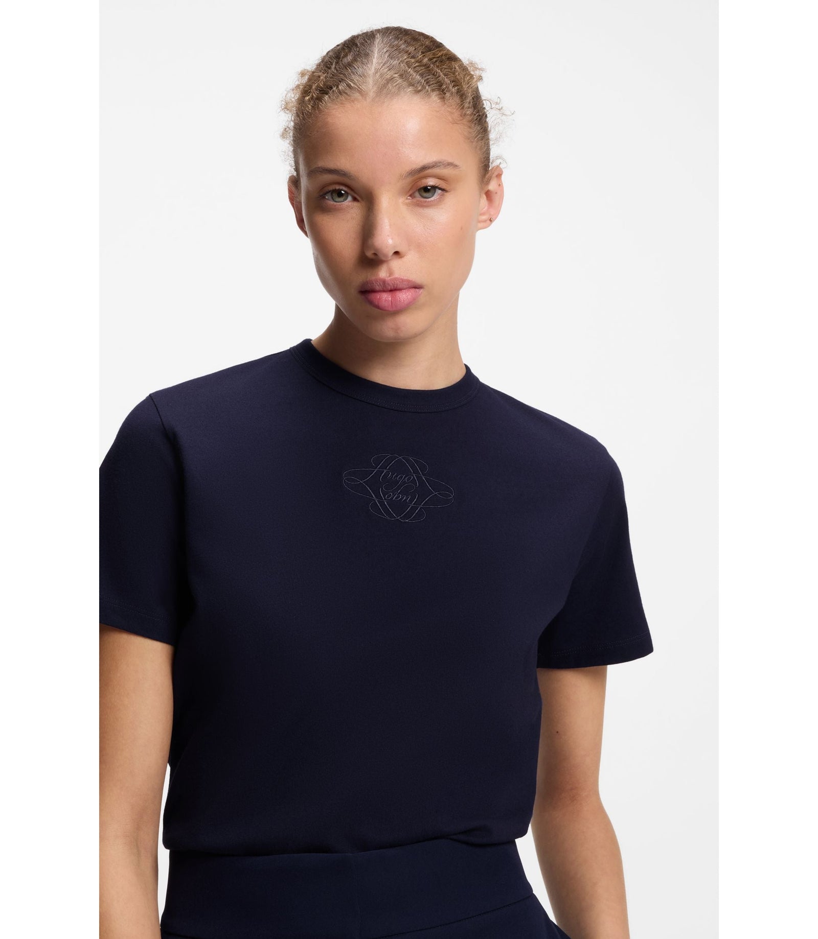 Hugo Cotton T Shirt With Embroidered Logo Blue Women's