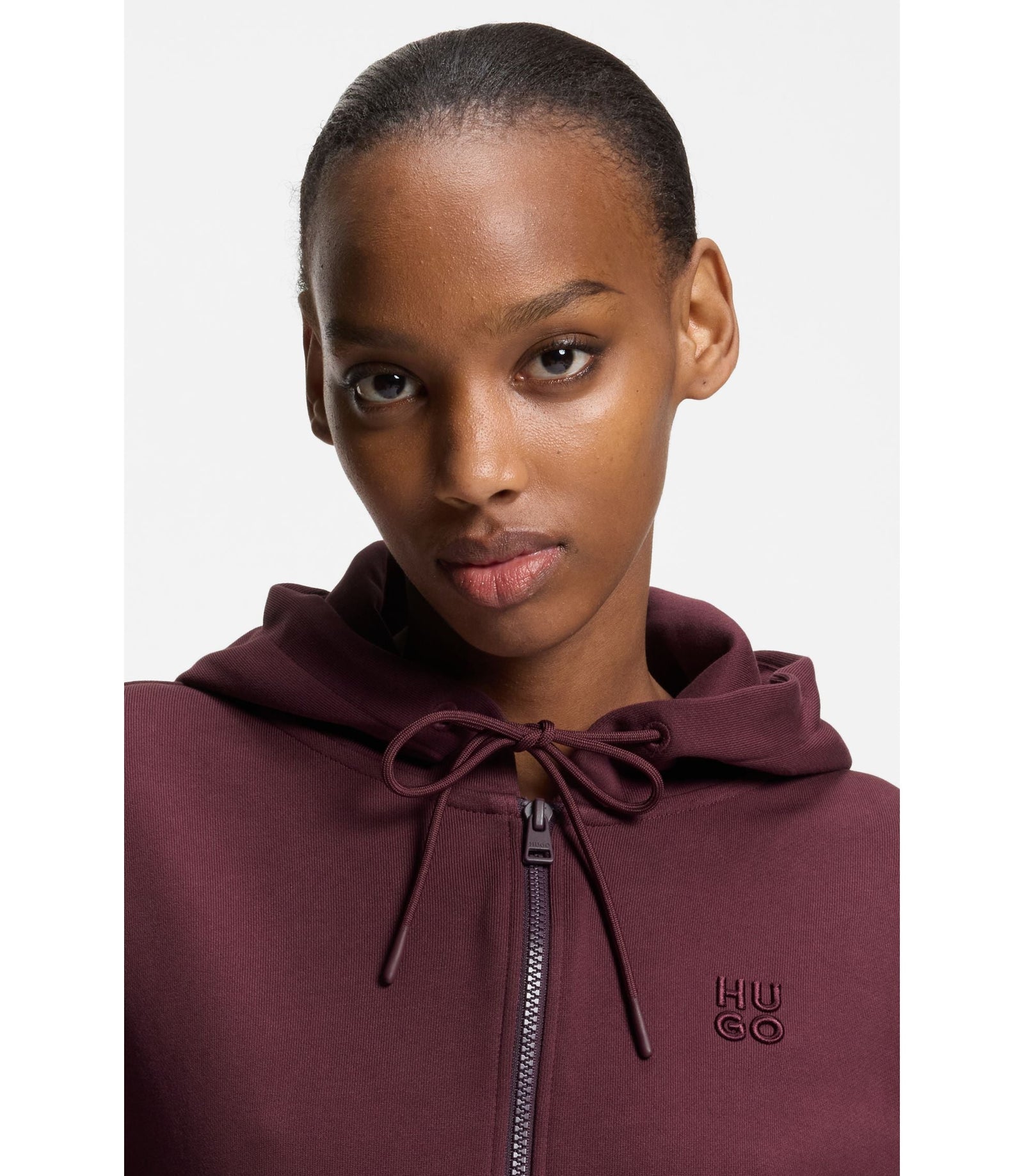 Hugo Cotton Terry Zip Up Hoodie With Stacked Logo Embroidery Dark Purple Women's