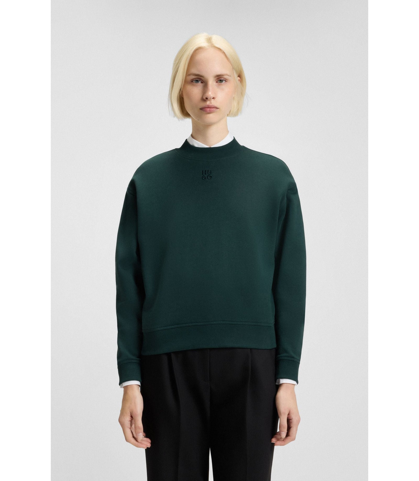 Hugo Cotton Terry Sweatshirt With Stacked Logo Embroidery Dark Green Women's