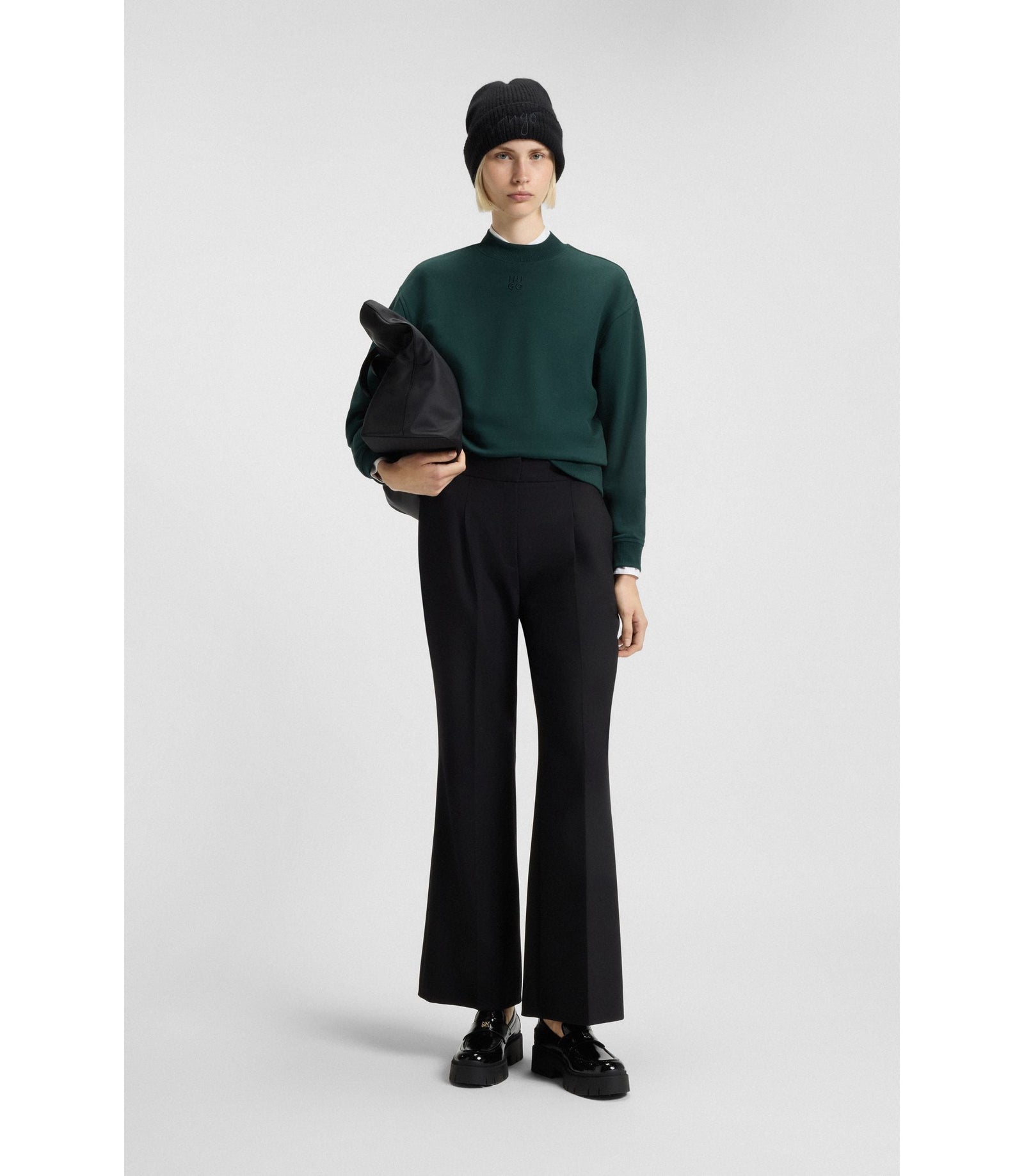 Hugo Cotton Terry Sweatshirt With Stacked Logo Embroidery Dark Green Women's