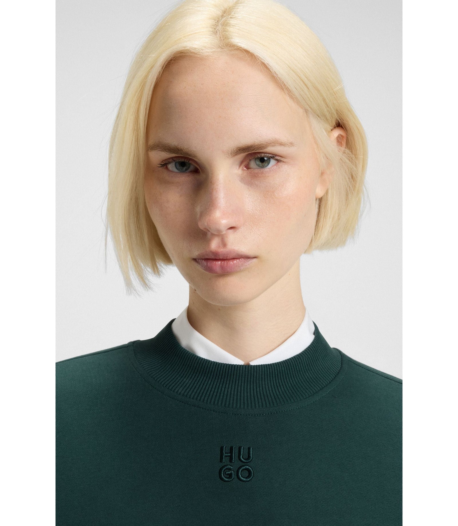 Hugo Cotton Terry Sweatshirt With Stacked Logo Embroidery Dark Green Women's