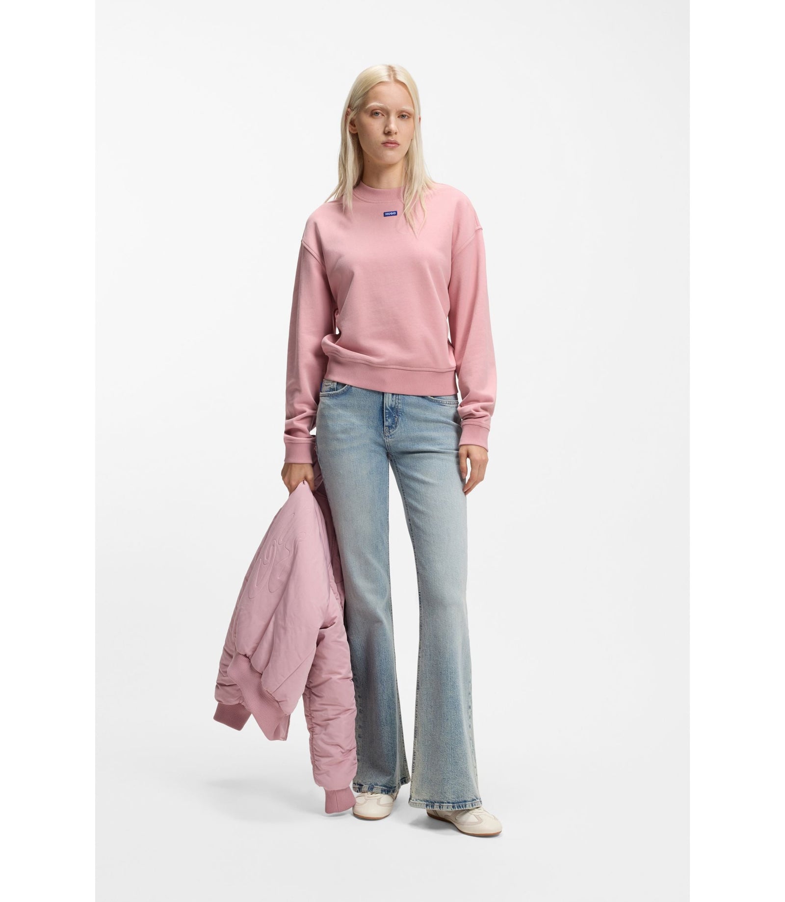 Hugo Cotton Terry Sweatshirt With Logo Badge Light Pink Women's