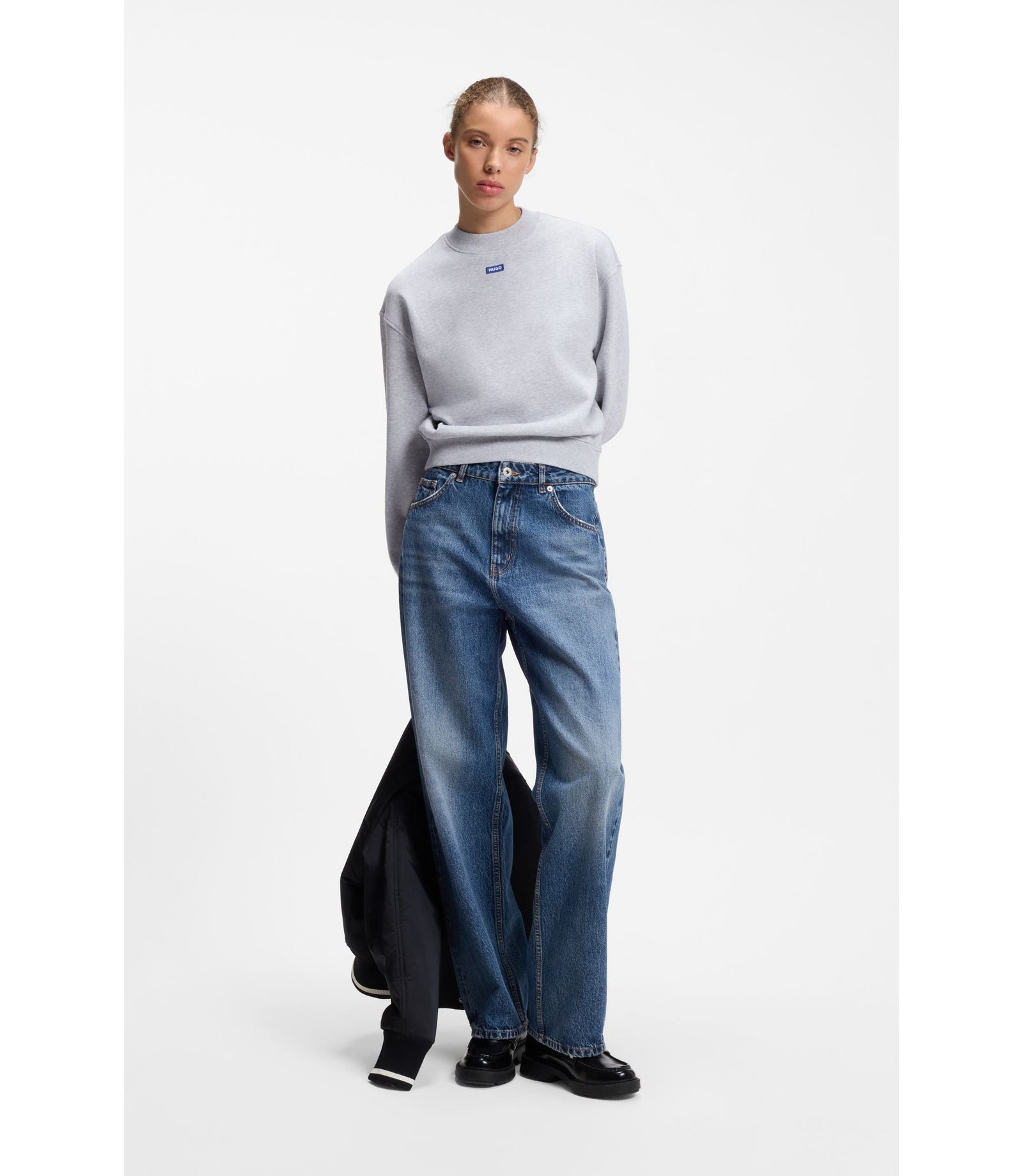 Hugo Cotton Terry Sweatshirt With Logo Badge Light Grey Women's