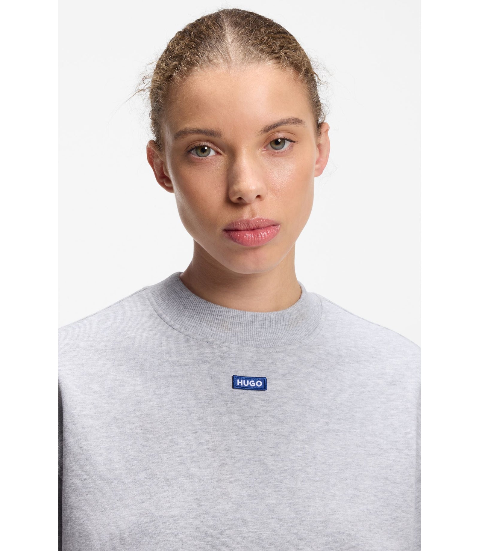 Hugo Cotton Terry Sweatshirt With Logo Badge Light Grey Women's