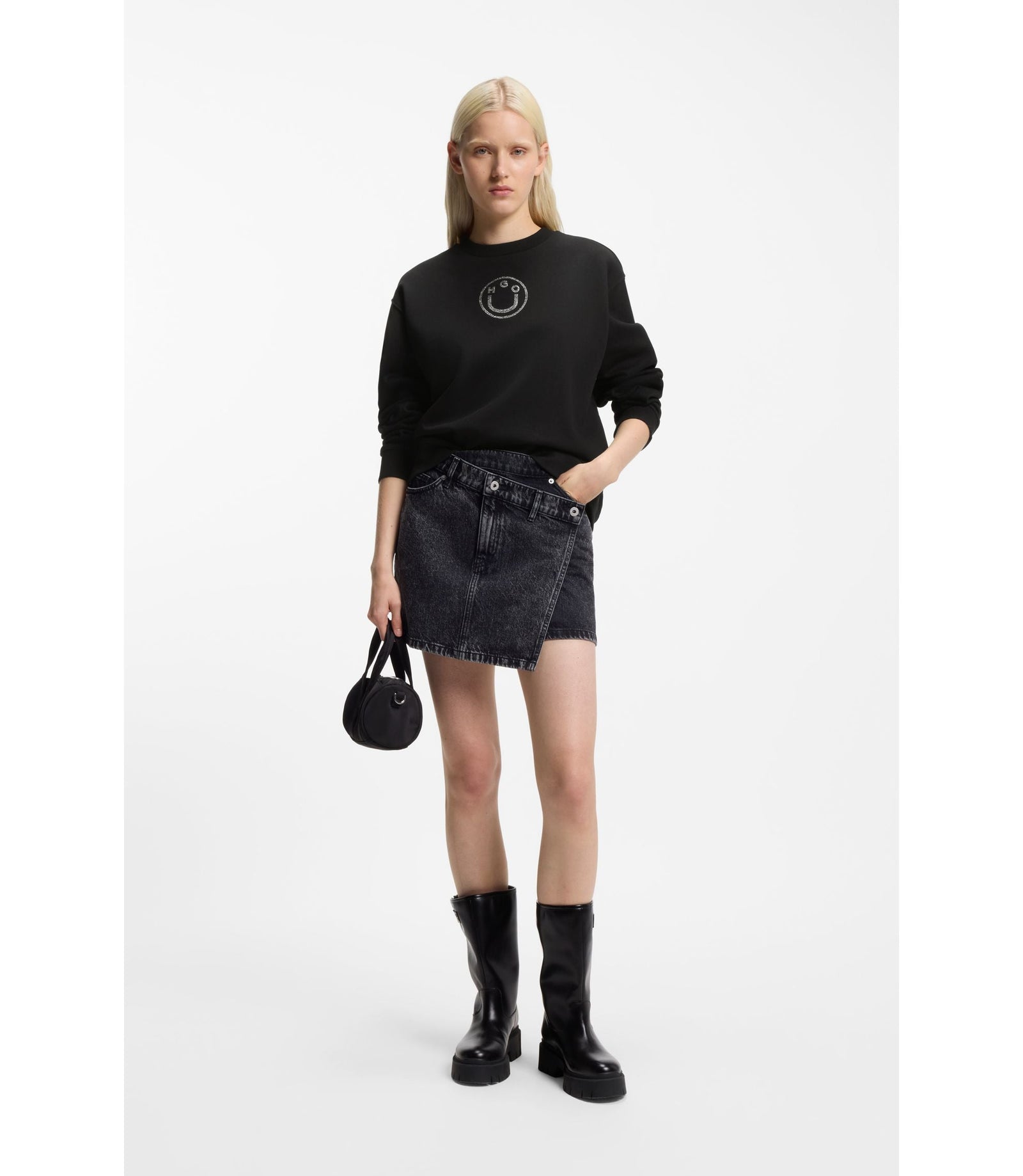 Hugo Cotton Sweatshirt With Rhinestone Happy Hugo Black Women's