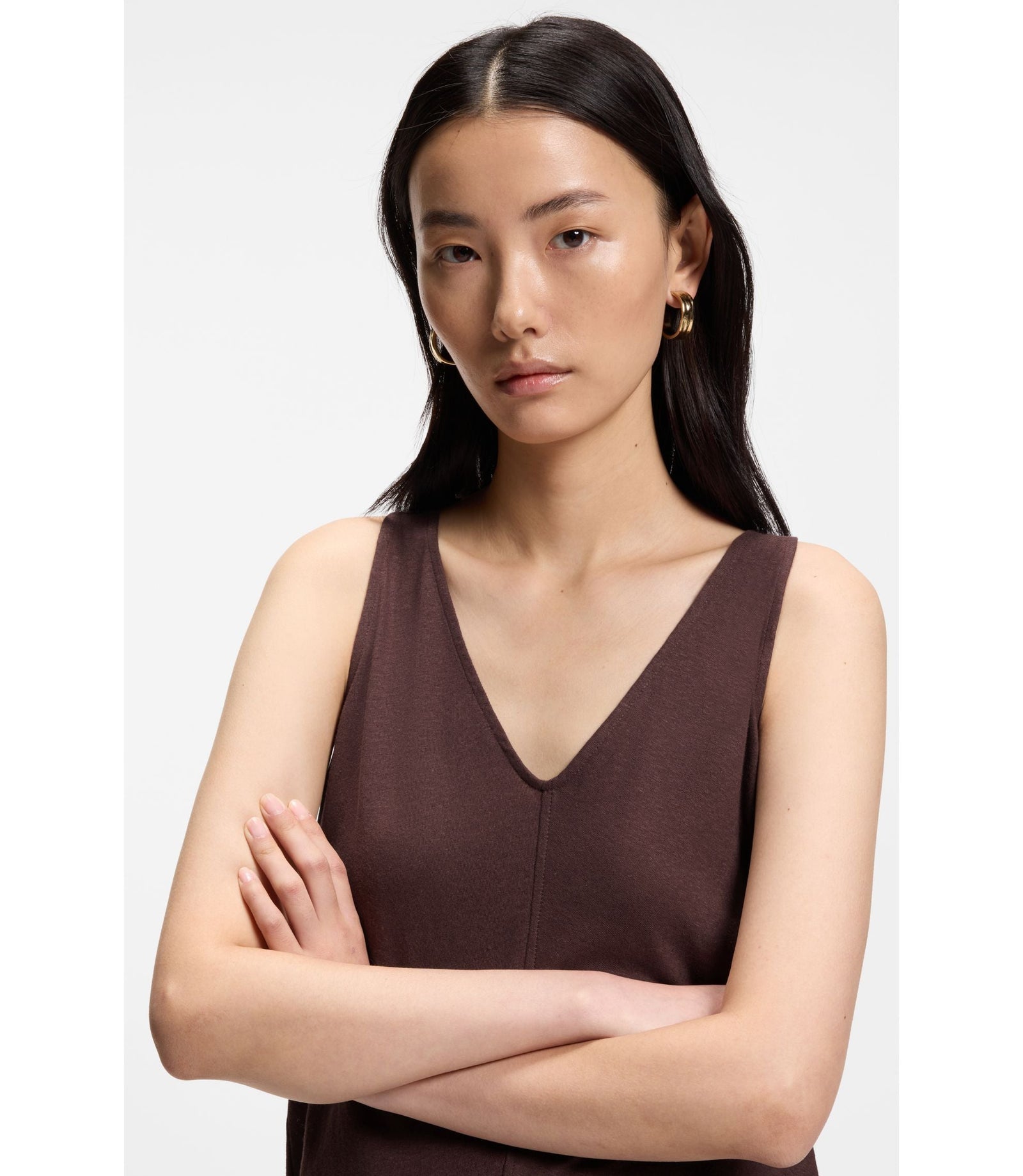 Boss Cotton Linen Top With V Neckline Dark Brown Women's
