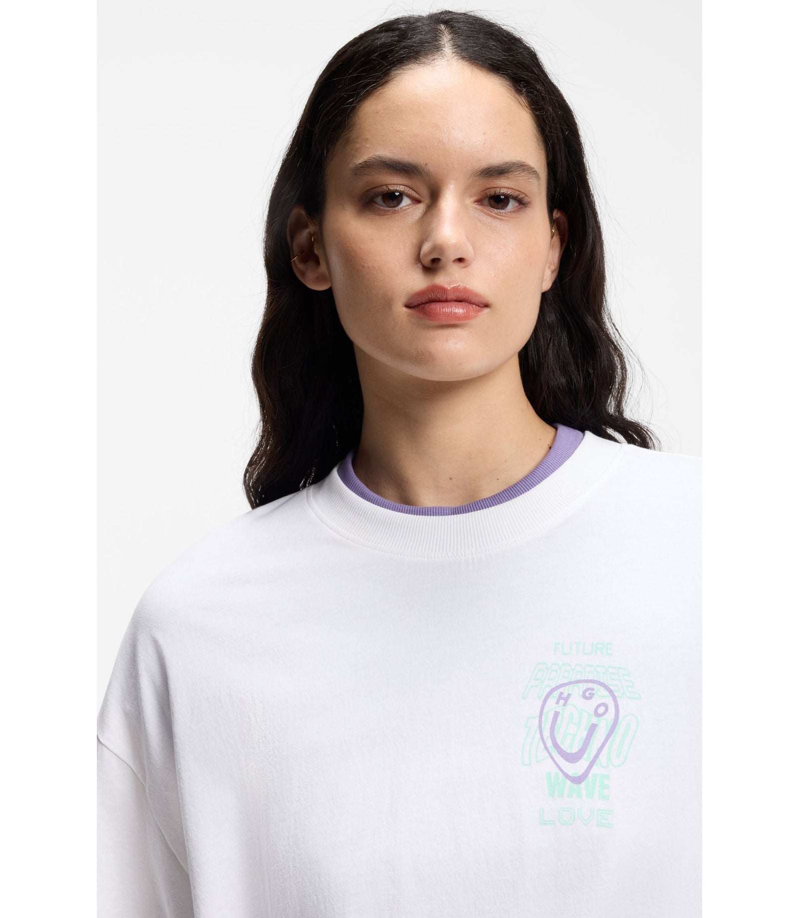 Hugo Cotton Jersey T Shirt With Printed Artwork White Women's