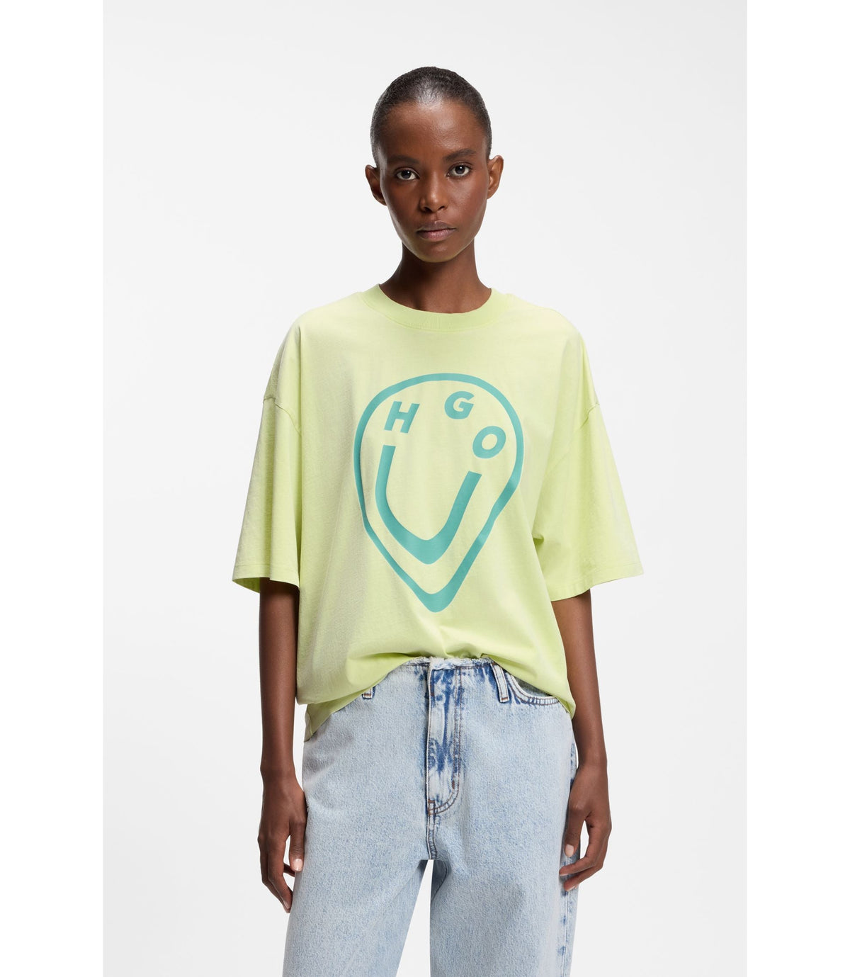 Hugo Cotton Jersey T Shirt With Melted Effect Happy Hugo Print Green Women's