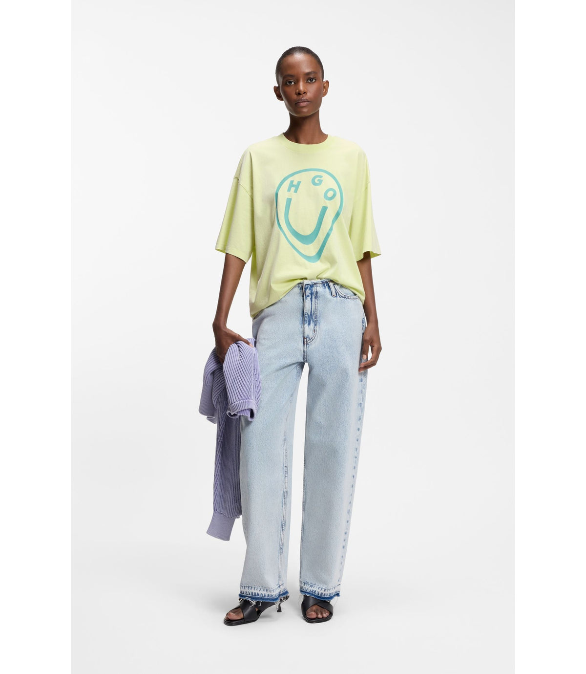 Hugo Cotton Jersey T Shirt With Melted Effect Happy Hugo Print Green Women's